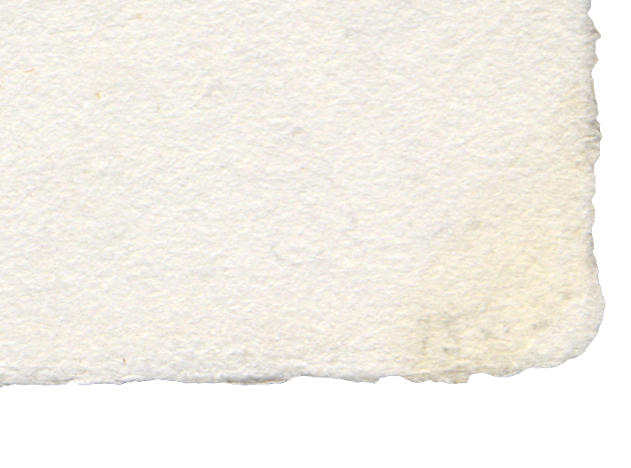 An off-white textured surface fills the frame. From top to bottom, the color stays pale with subtle speckles, and the right and bottom edges are uneven and slightly wavy. Near the lower right edge, there are faint gray smudges.