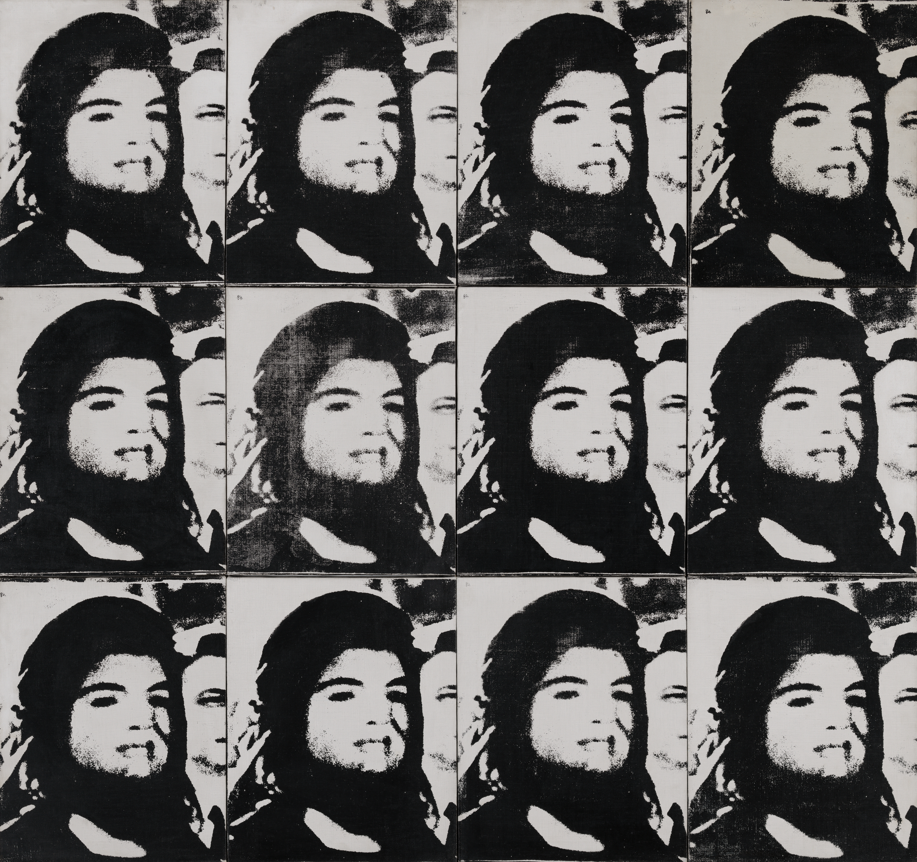 Painted canvas with a 4x4 grid of black-and-white images of Jacqueline Kennedy's face, the same image repeating over and over.