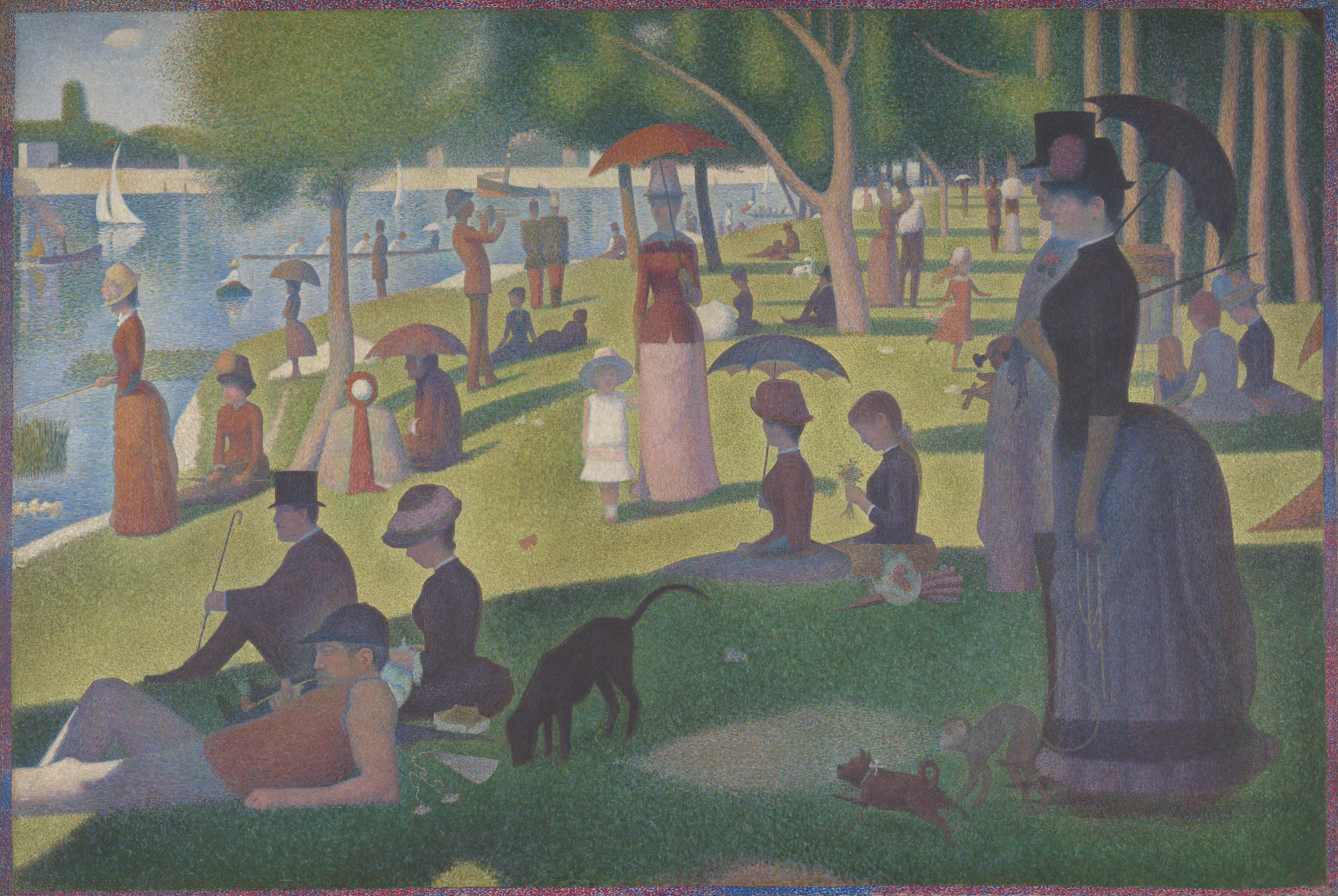A painting of many people in a sunlit waterside park, sitting or standing in small groups, many wearing hats or carrying parasols. A prominent couple, the woman wearing a bustle and a man in a tophat, stand together in profile at right.