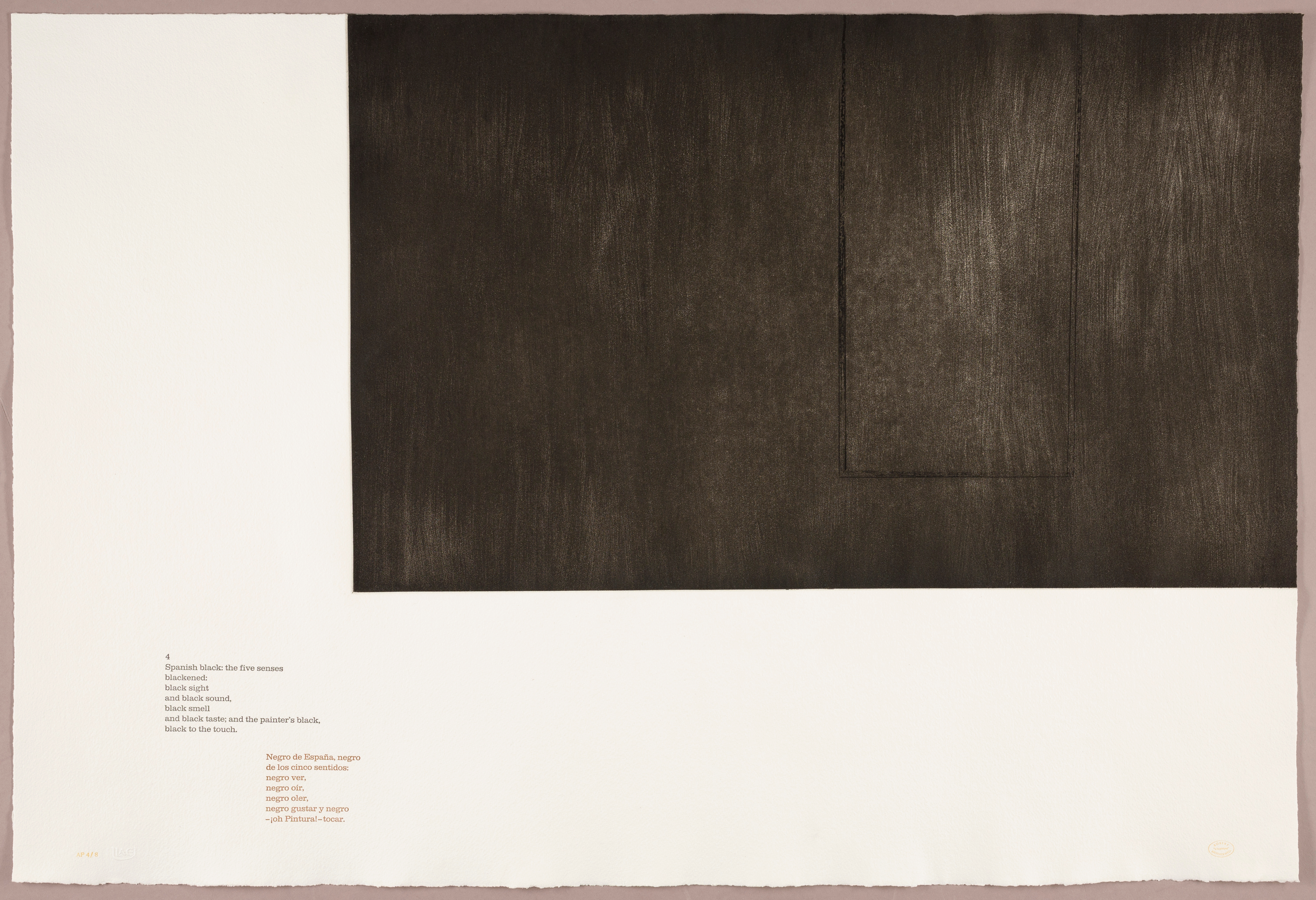 A rectangle with an all-over wood grain pattern in dark black and brown, with an outline of the rectangle in black at the center, is positioned in the top right corner of a white sheet of paper. In the bottom left is a poem in English and Spanish.