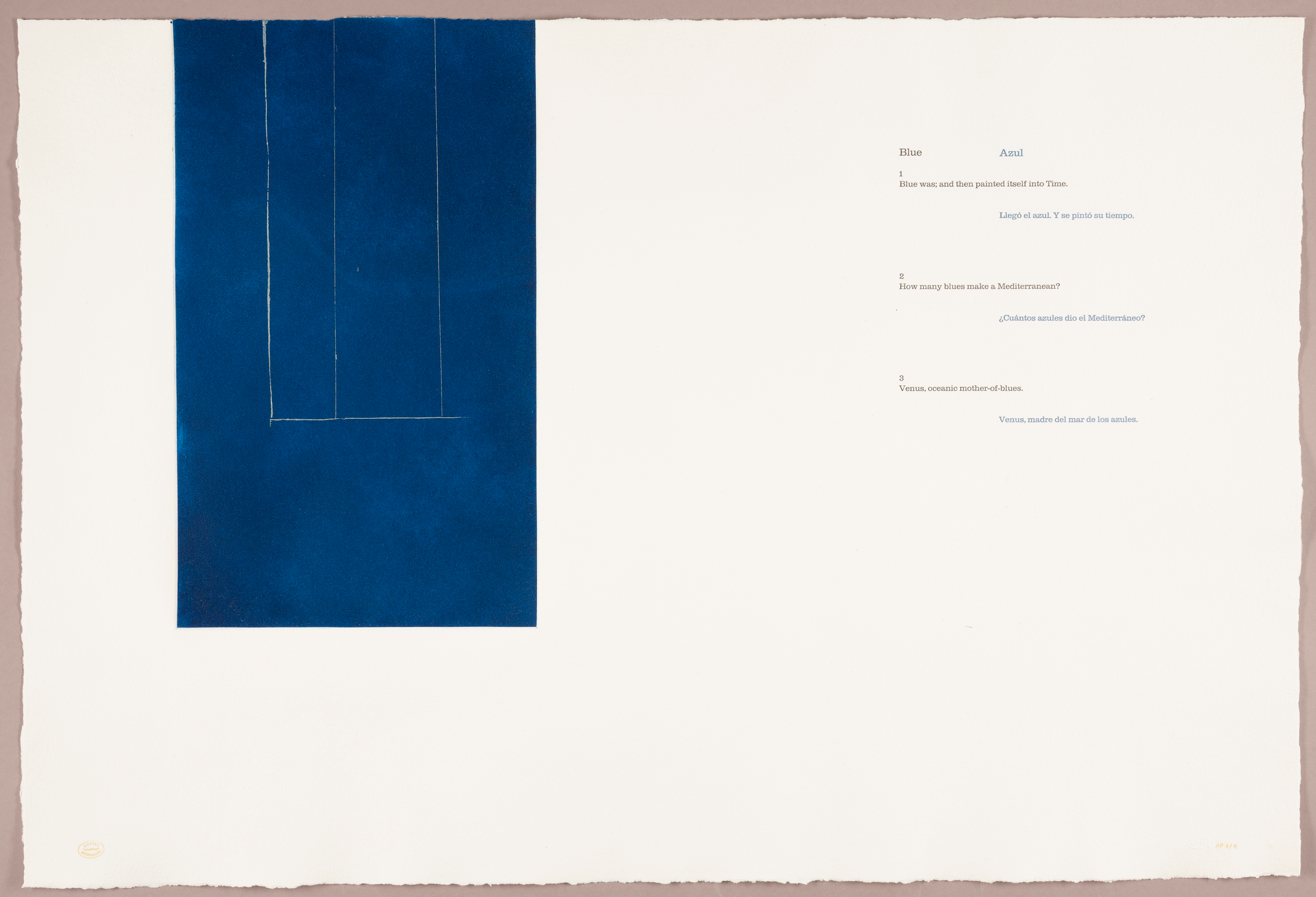 A deep blue rectangle with light blue lines across it takes up the left side of the white sheet, while a poem in alternating stanzas of English (in black type) and Spanish (in blue type) appears on the right.