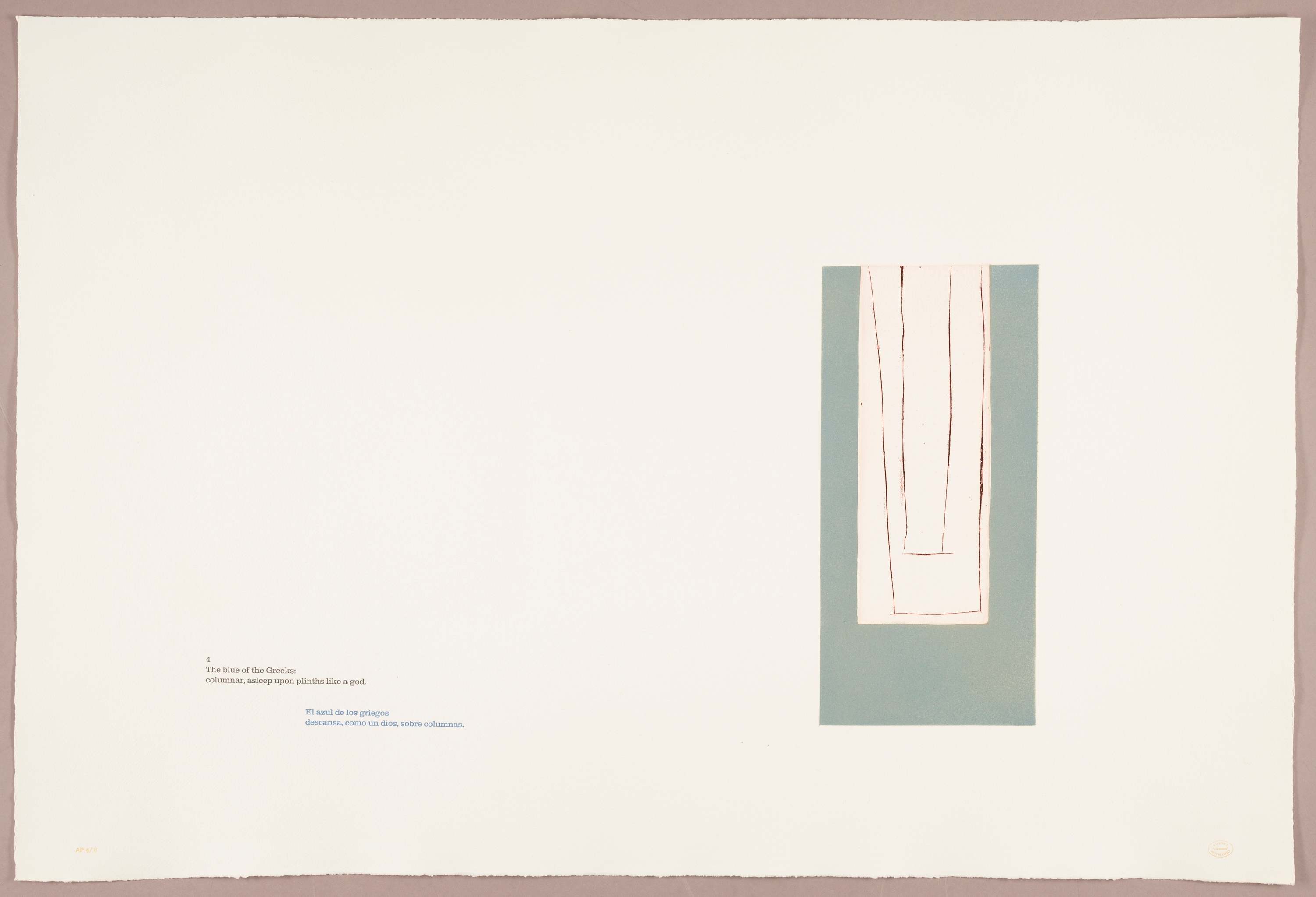 The bottom left of the white page features a single stanza of a poem in English (in black type) and Spanish (in blue type), and a medium-sized rectangle in light aqua and white with black lines occupies the right.