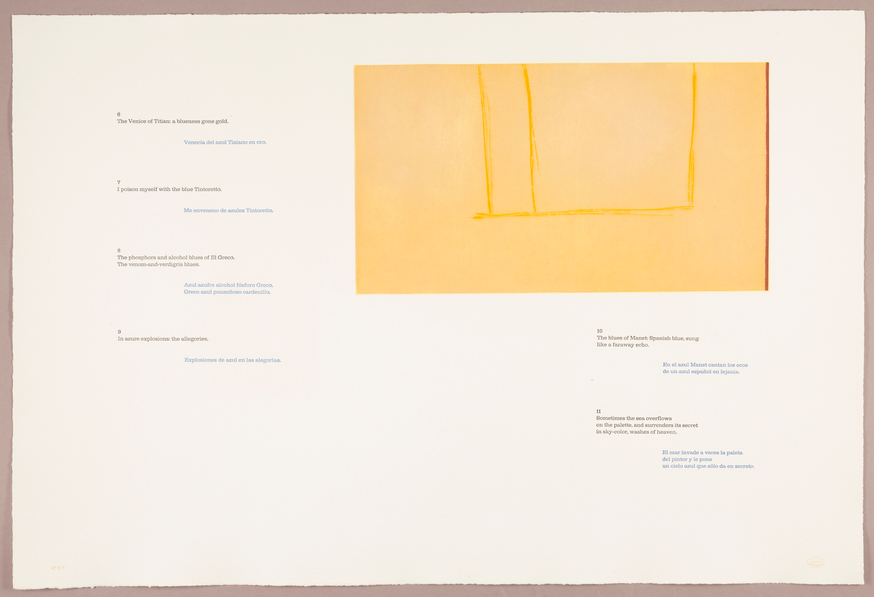 Alternating stanzas of a poem cascade across the left and bottom right of the white sheet  in English (black type) and Spanish (blue type). A large, pale yellow rectangle with bright yellow lines and a brown right edge appears at the top right.