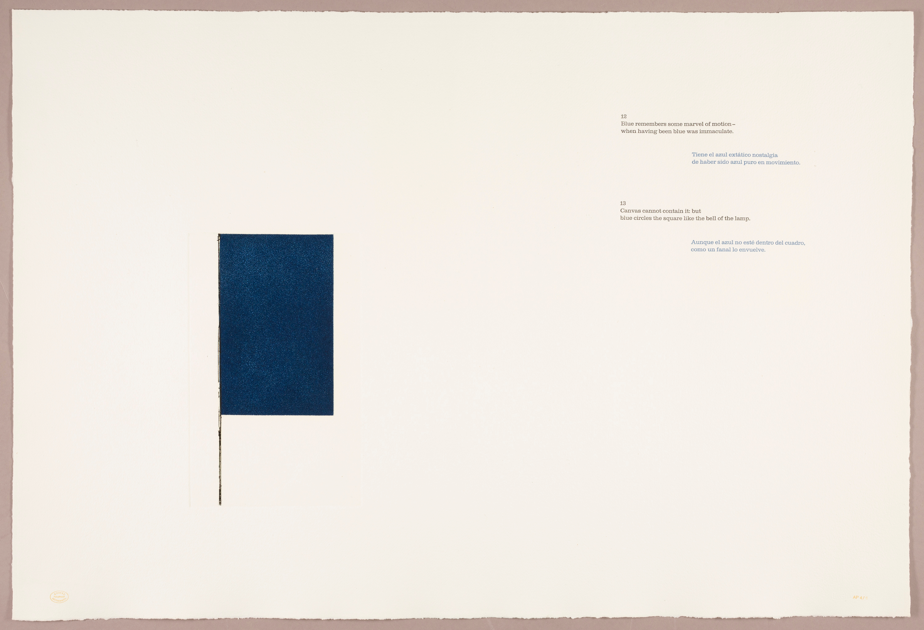 A navy blue rectangle with a black line extending down from its left side appears on the left side of the white sheet, while a poem in alternating stanzas appears on the right in English (black type) and Spanish (blue type).