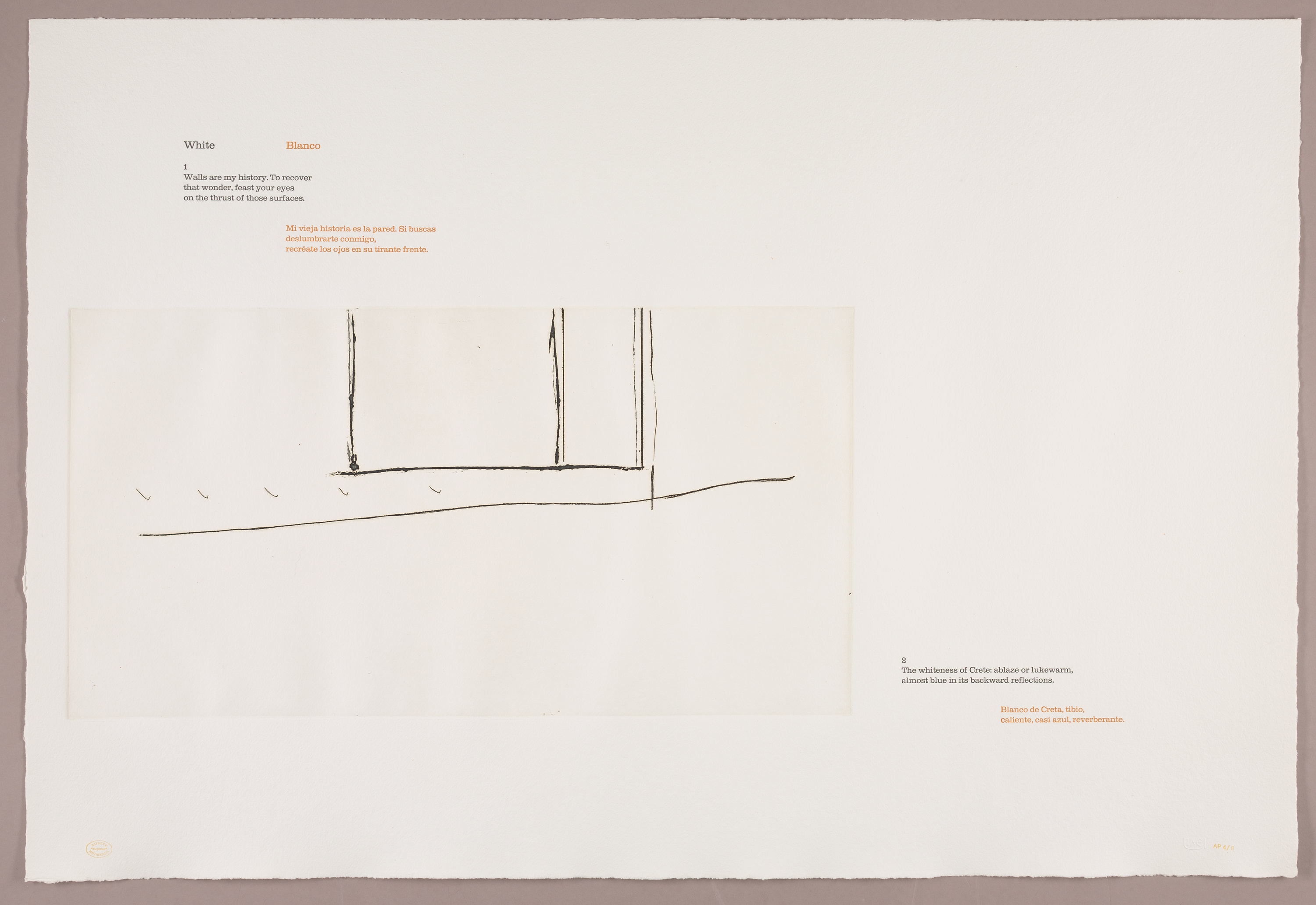 Cascading stanzas of a poem appear at the top left and bottom right of the white sheet of paper in English (black) and Spanish (orange). A barely perceptible white rectangle with black drawn lines and five small X-marks occupies the center-left of the page.