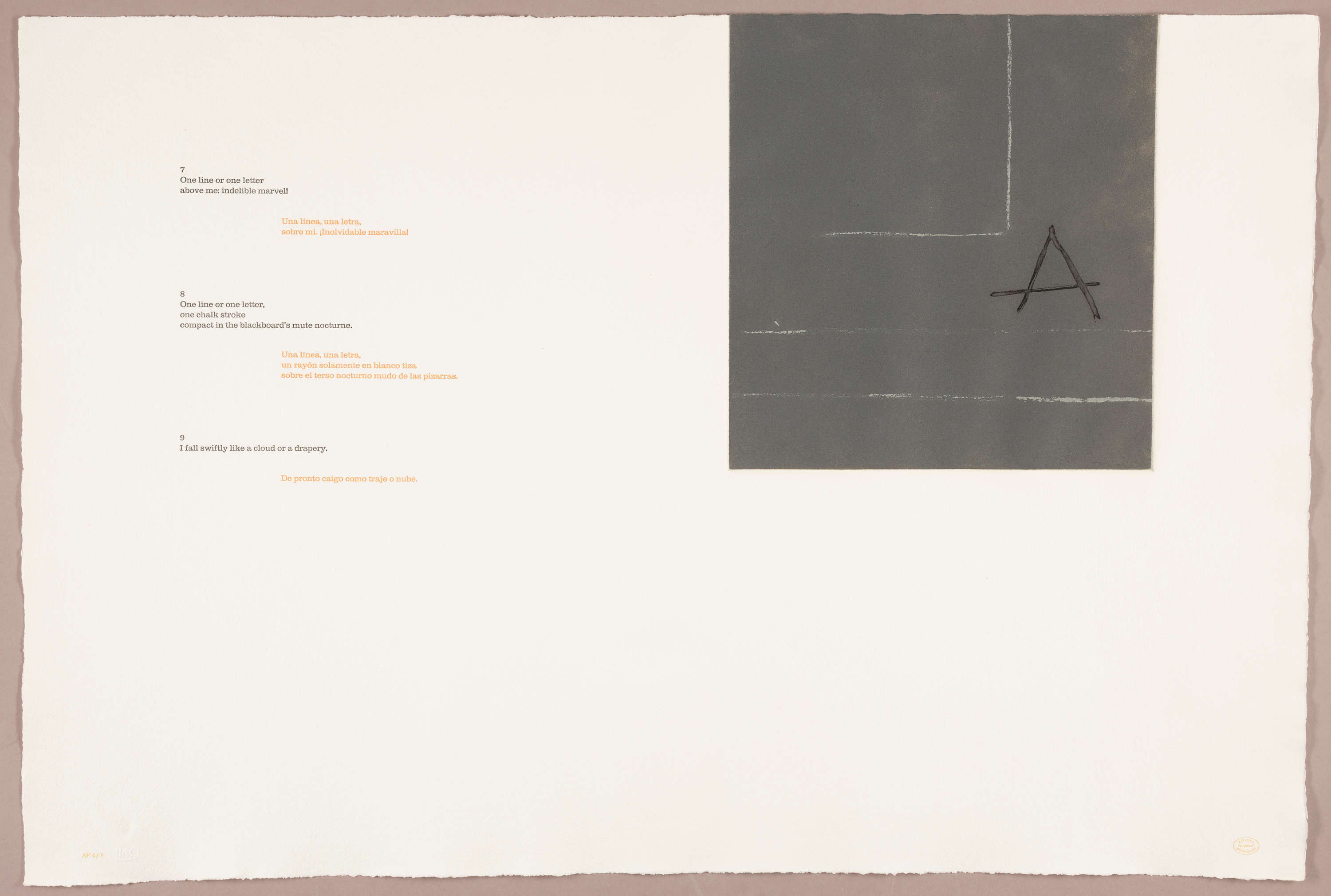Cascading stanzas of a poem run down the left side of the white sheet in English (black type) and Spanish (orange type). At the right, a gray box hangs from the top edge with white lines and a hand-drawn black A.