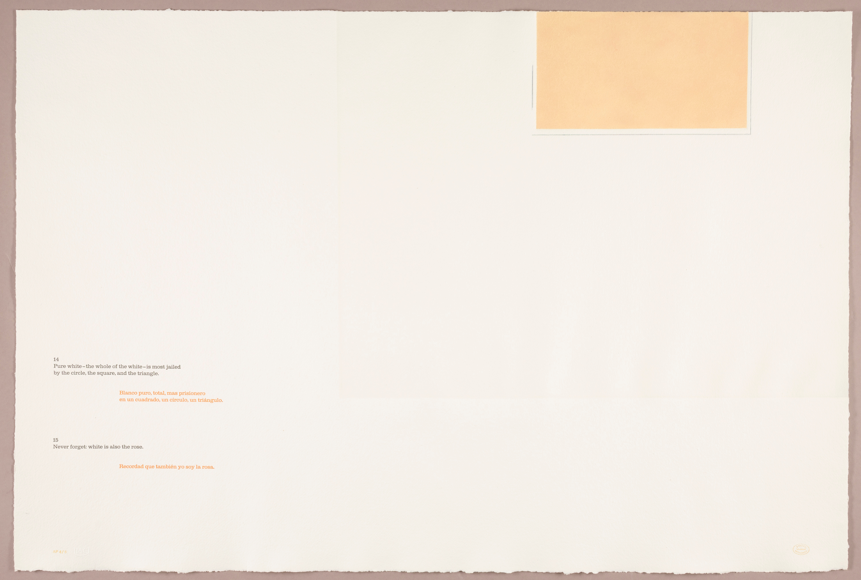 Cascading stanzas of a poem in English (black) and Spanish (orange) run down the left side of the white sheet near the bottom. A yellow rectangle with a faint black outline hangs from the top right of the sheet.