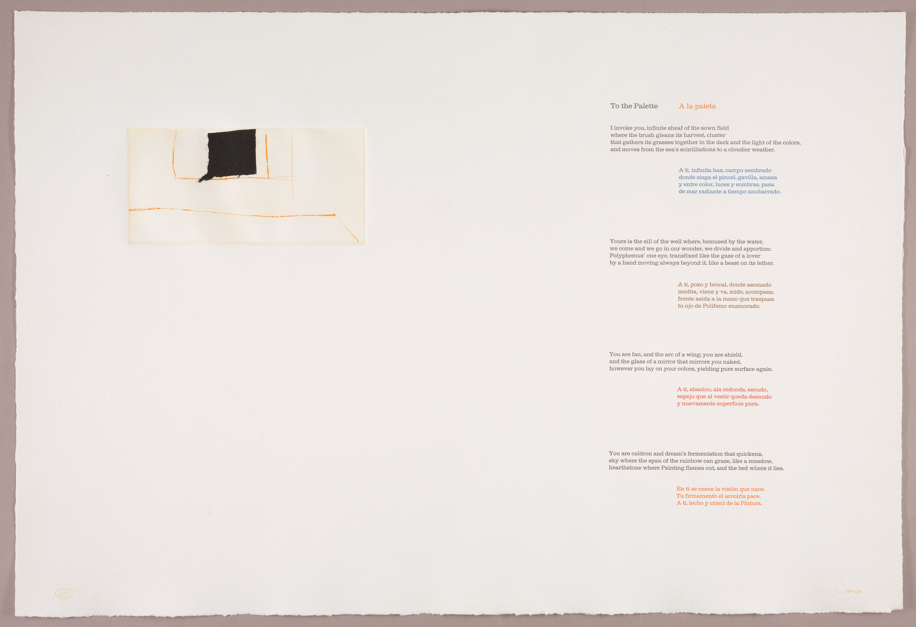 A small ivory rectangle appears in the top left quadrant of the off-white sheet. To the right is a poem in alternating stanzas of English (black type), and Spanish (orange, blue, brown, red, and orange type).