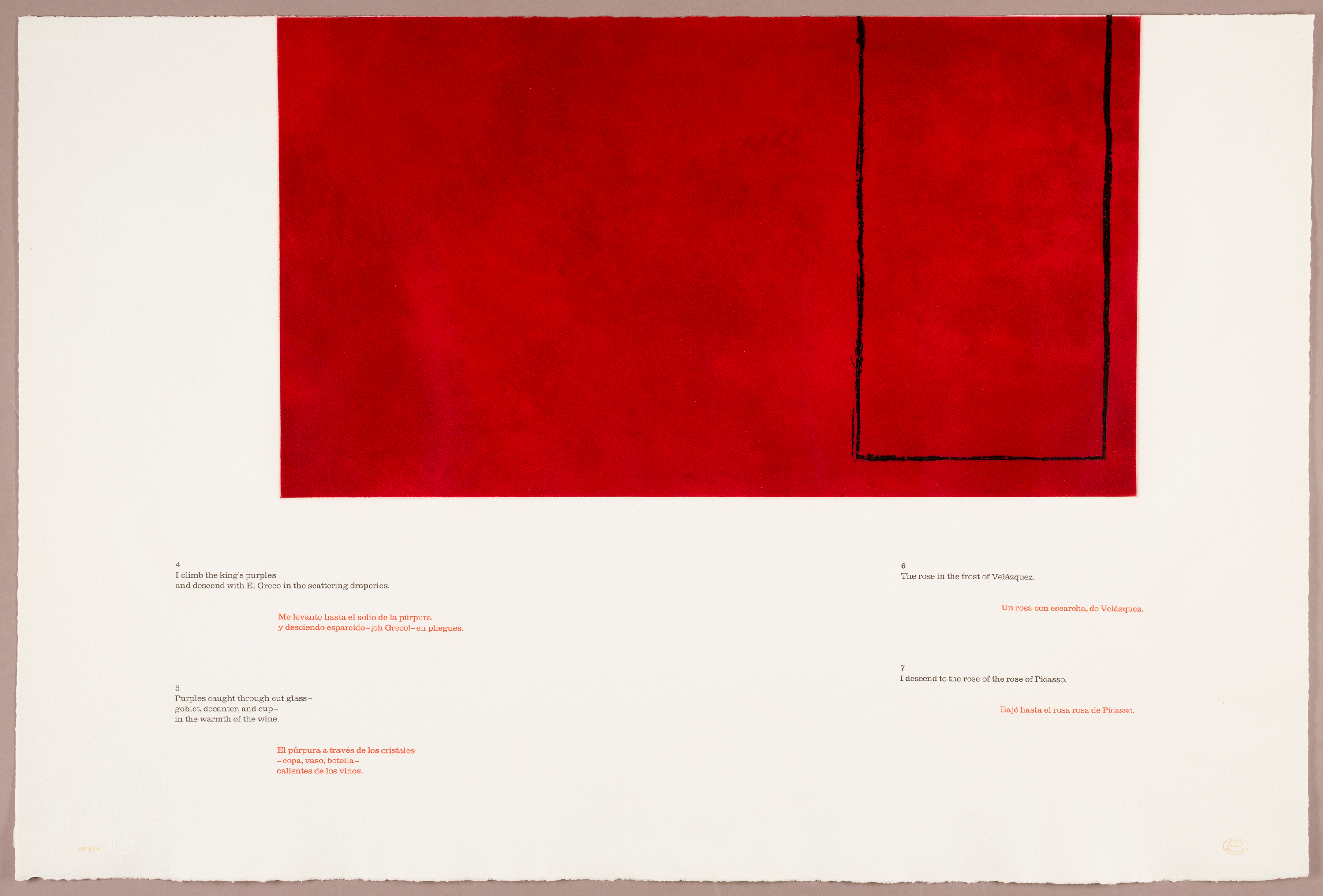 A deep red rectangle with a black outline of a rectangle on its right hangs from the top edge of the sheet and takes over most of the off-white sheet. Alternating stanzas of a poem appear along the bottom in English (black type) and Spanish (red type).