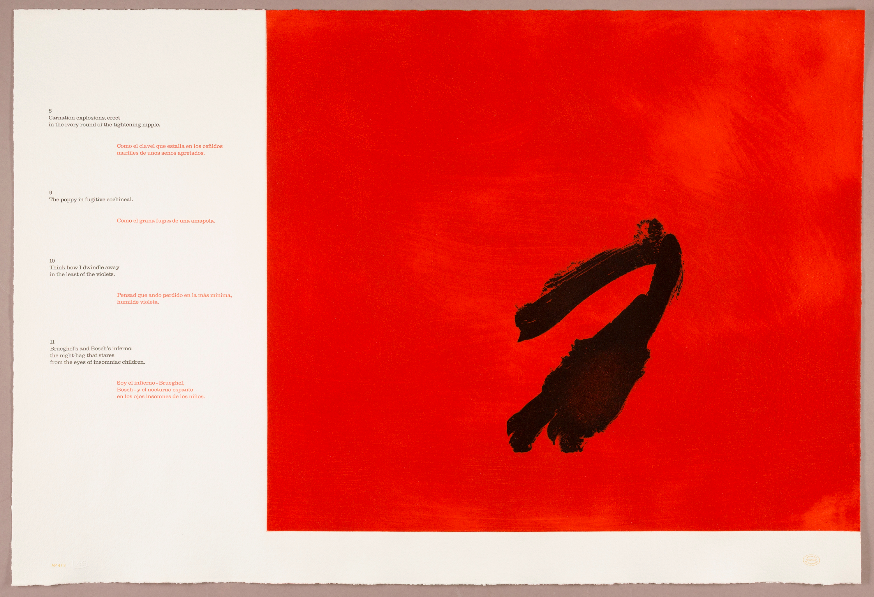 Cascading stanzas of a poem run down the left side of the off-white sheet in English (black type) and Spanish (red type). A bright red square, with a black brushstroke, occupies the majority of the page, positioned at the top right corner.