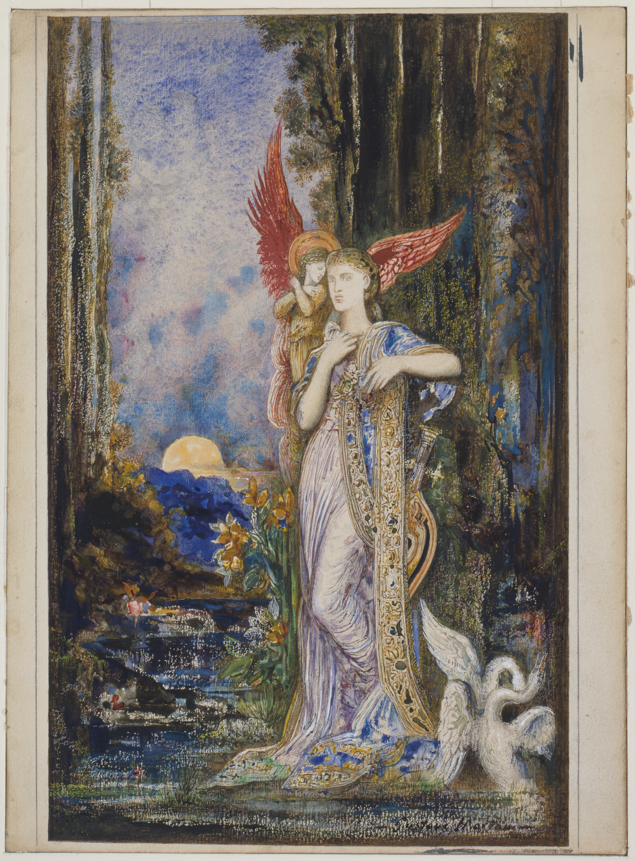 A watercolor shows a woman draped in a flowing dress and an embroidered wrap that pools on the ground, standing beside a creek in a woodland setting. A winged and haloed smaller figure hovers near her head. At her feet two white birds engage in a tussle, and in the background, a bright-yellow sun appears to rise.