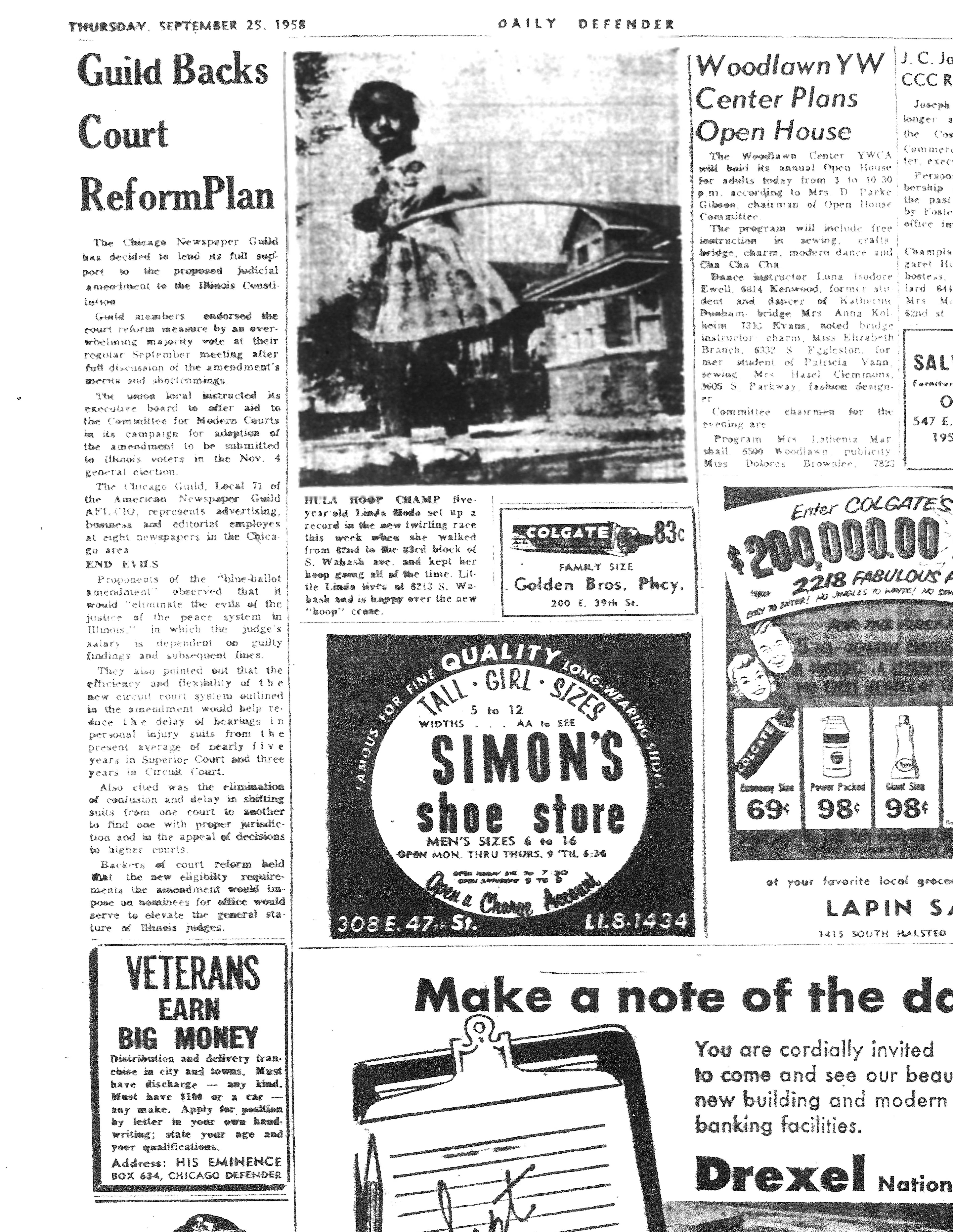 Black-and-white newspaper page from the *Chicago Daily Defender*, dated Thursday, September 25, 1958. The page features multiple articles and advertisements. A small photograph near the top shows a young Black girl, identified as five-year-old Linda Bobo, twirling a hula hoop on a sidewalk; the caption notes she is proud of her new "hoop" craze. Main headlines include “Guild Backs Court Reform Plan” and “Woodlawn YW Center Plans Open House.” Advertisements for Colgate toothpaste and Simon’s Shoe Store appear at the bottom, alongside a notice inviting readers to visit new Drexel banking facilities.