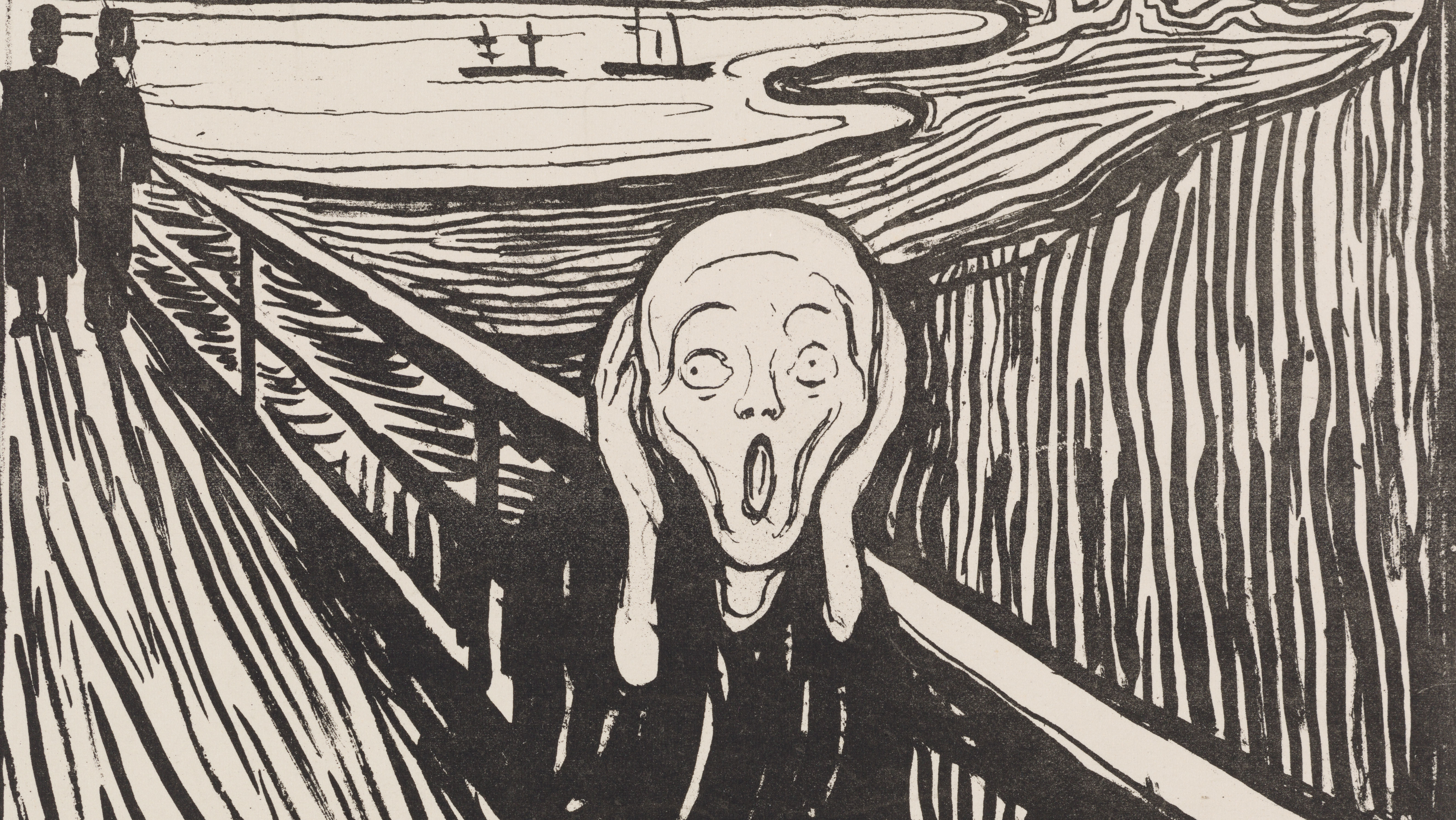 A black-and-white print shows an abstracted human figure facing the viewer, its eyes wide, its mouth open in a scream, and its hands at either cheek. The gaunt figure stands on a bridge with two dark figures receding in the background and a lake and hills in the distance.