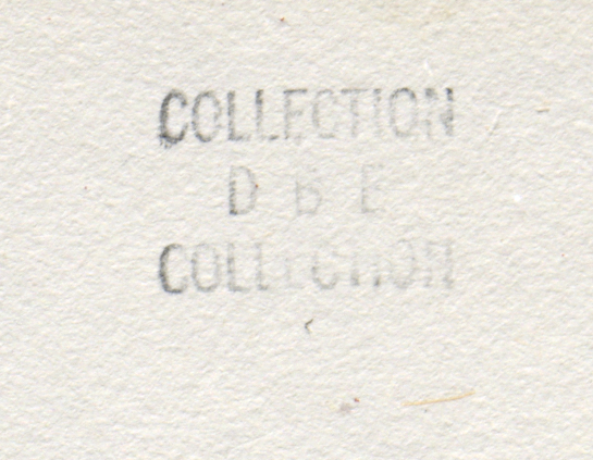 On a cream surface, faint gray uppercase letters appear in three lines. From top to bottom: “COLLECTION,” “D B E,” and “COLLECTION” again. The text is small and faint, positioned near the center with wide empty space around it.