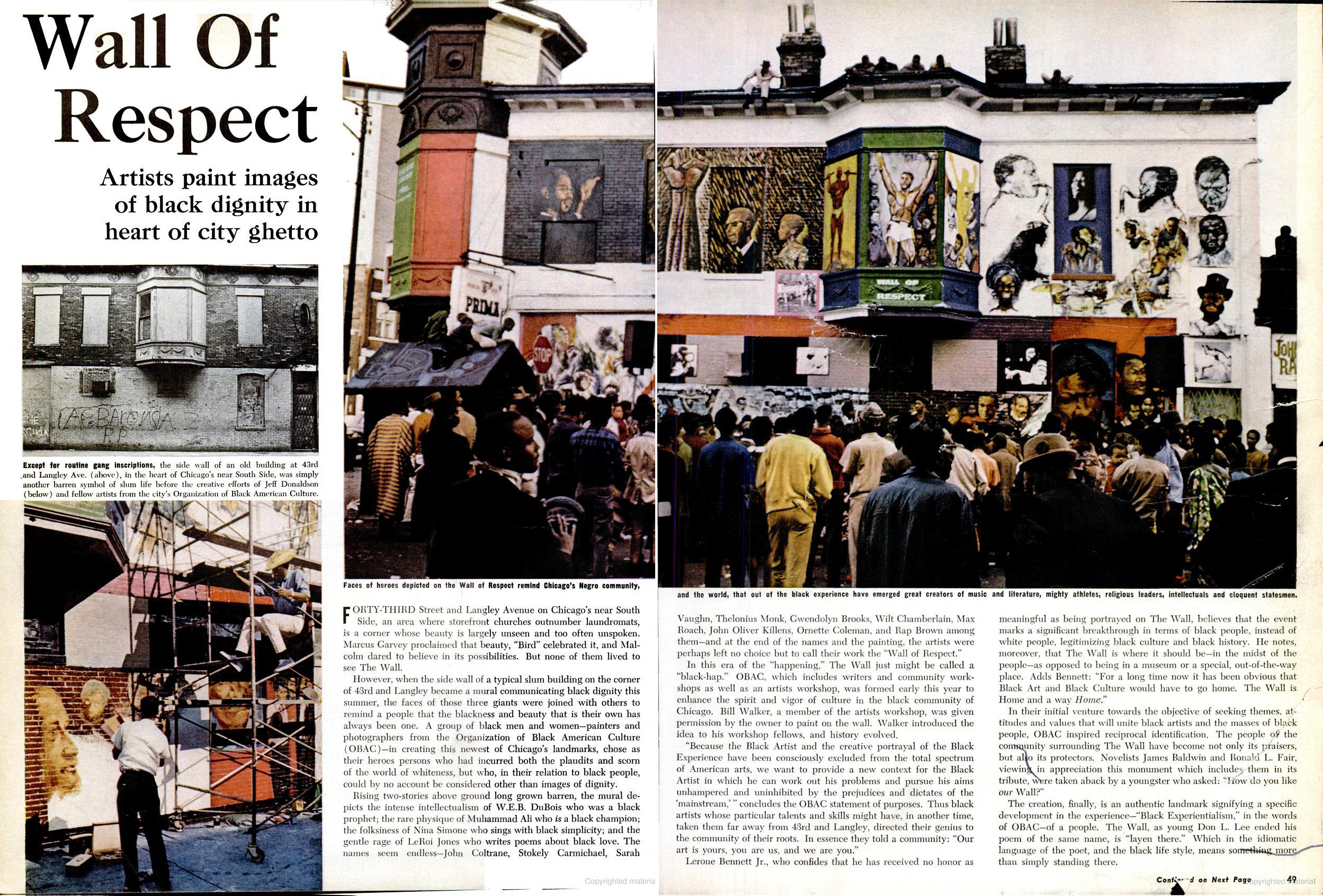 Magazine spread with three color photographs and one black-and-white photo documenting the Wall of Respect, a mural on Chicago’s South Side. The left page includes a small photo of the original brick building wall, and a larger photo of a group of artists on scaffolding painting a figure in white. The right page shows the completed mural spanning the building’s upper façade, with painted portraits of Black cultural figures and scenes of Black empowerment. A crowd gathers below, some facing the wall and others looking toward a speaker on a makeshift stage. Text discusses the Organization of Black American Culture and the impact of the mural.