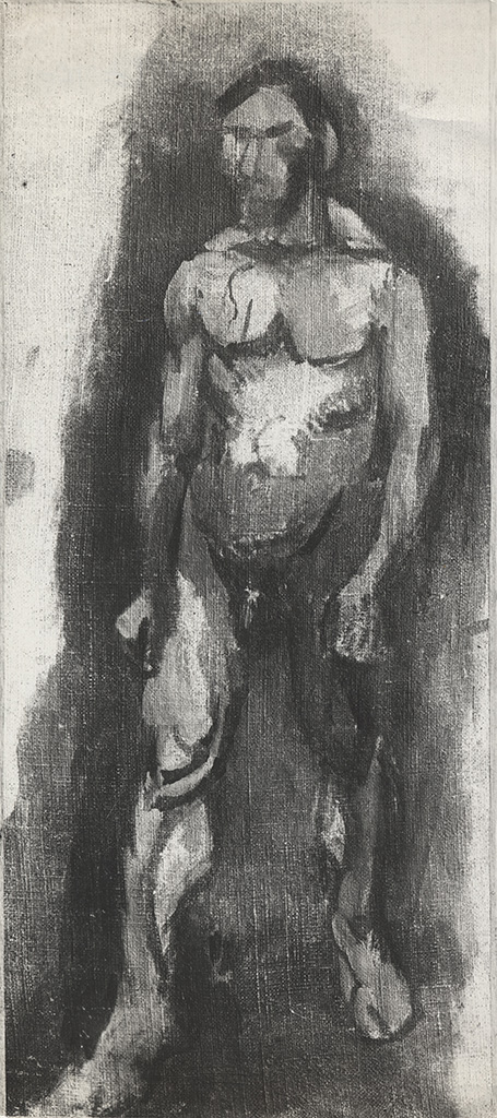 Centered, a full-length adult person stands facing forward, shown in shades of black, gray, and white. From top to bottom: a roughly defined head, broad shoulders and chest, arms hanging at the sides with hands near the thighs, and straight legs ending in visible feet. Dark gray areas cluster around the figure, with lighter gray space surrounding it, and no other objects or people are present.