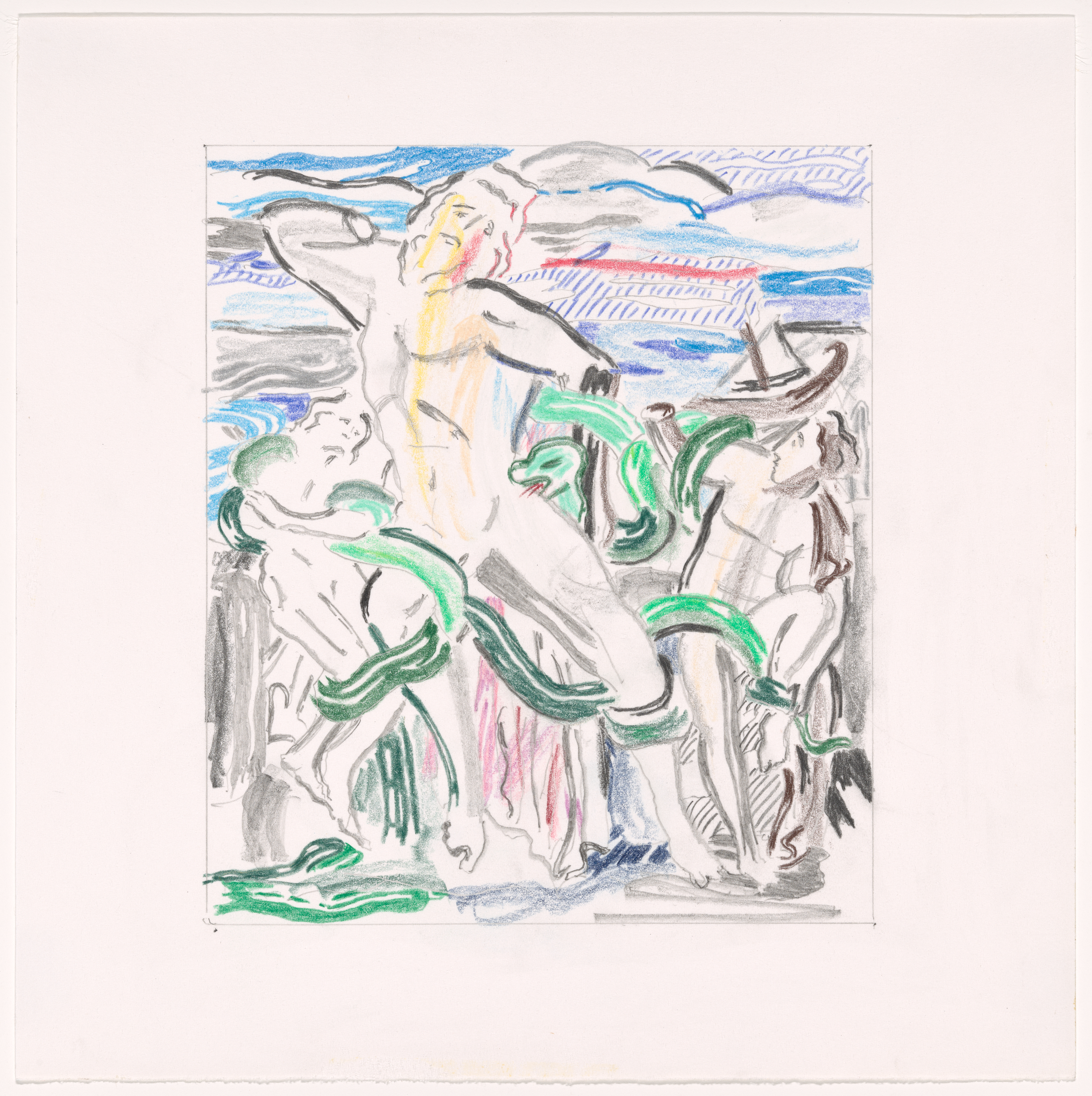 A loose drawing suggests a muscular male nude figure, perhaps cast in marble, surrounded by other, smaller figures and entangled in green snakes.