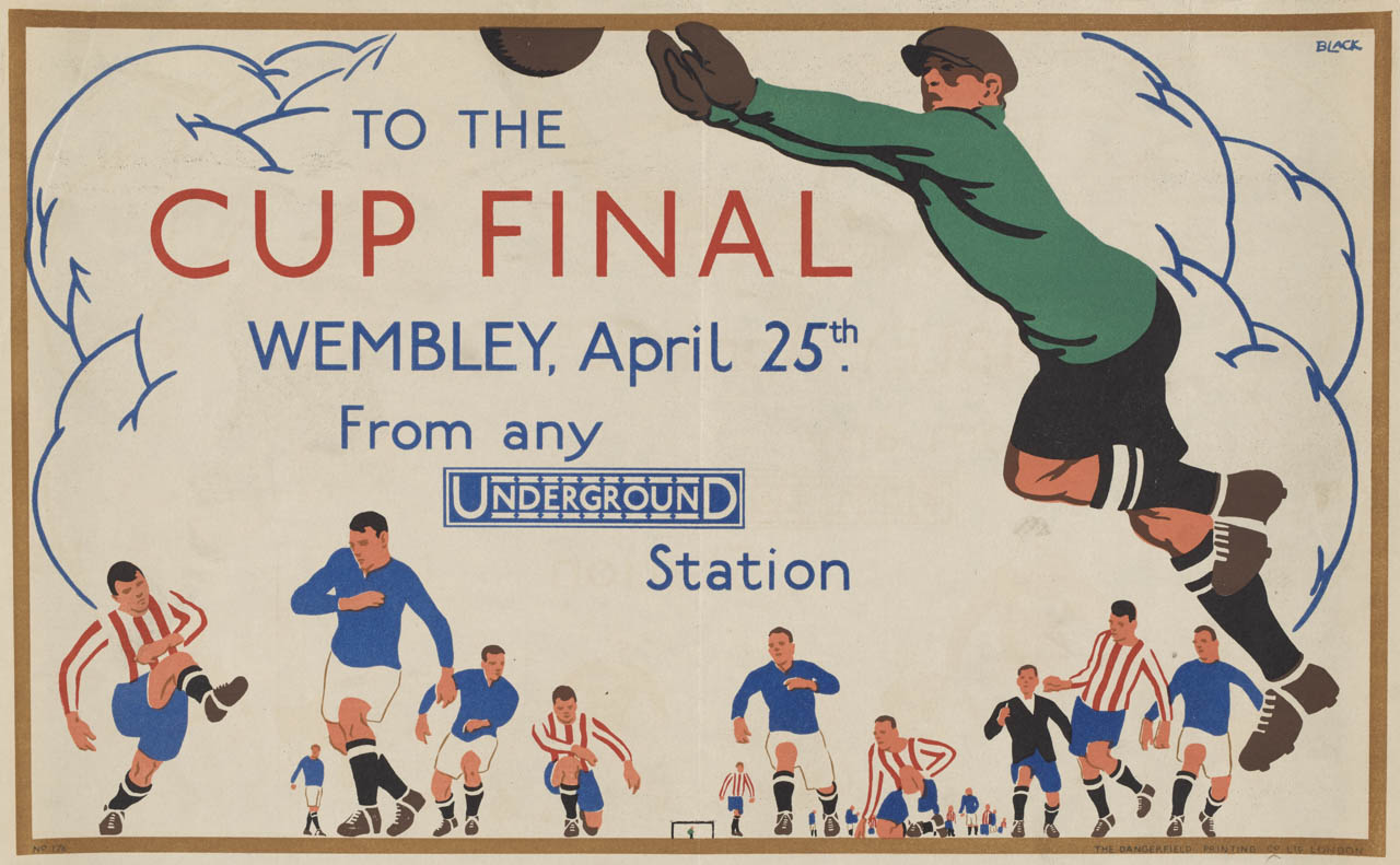 A poster for the Wembley Cup Final shows in the foreground a rugby player leaping into the air to catch the ball, while smaller figures at the bottom of the poster run toward the action.
