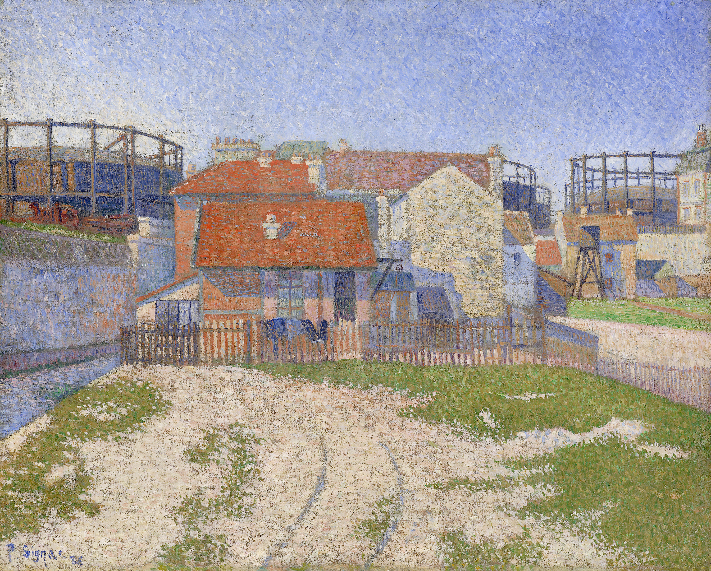 Painting in tiny brushstrokes of a structure with several with red rooflines surrounded by a short wooden fence. At left and right, circular scaffolding surrounded other industrial structures.