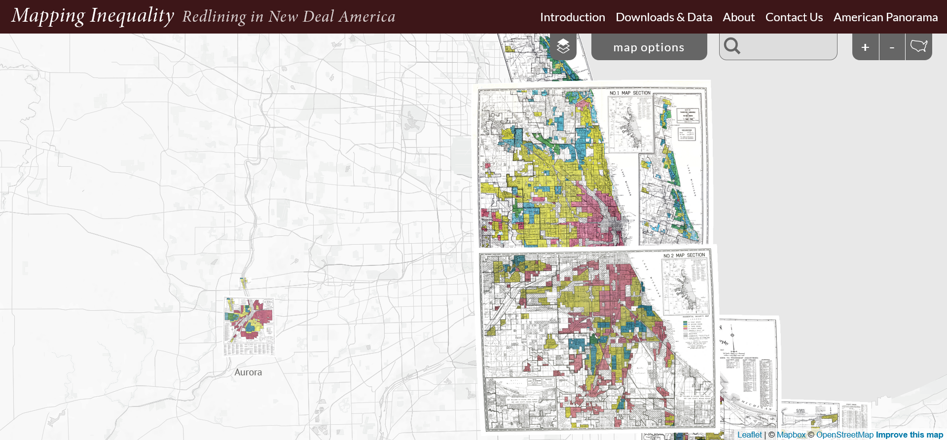 Screenshot of the Mapping Inequality website showing redlining maps of Chicago and Aurora, Illinois. At the top, the title reads *"Mapping Inequality: Redlining in New Deal America."* The interface includes navigation buttons and a menu bar with options such as "Introduction," "Downloads & Data," and "Contact Us." In the center-right, overlapping historical maps are color-coded in red, yellow, blue, and green, representing Home Owners' Loan Corporation (HOLC) grades. The background map shows a gray-and-white base map of the Chicago area with streets, rivers, and city names faintly visible.