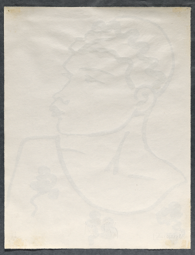 At the top, a large pale outline of a head in left profile fills most of the space, with short wavy hair, a rounded ear, and a closed eye drawn in light gray on an off-white ground. Moving downward, the nose and full lips are outlined, and the neck curves into broad shoulders that extend across the lower half. Near the lower left and lower right are small, faint rounded shapes, with a few light marks along the bottom edge.