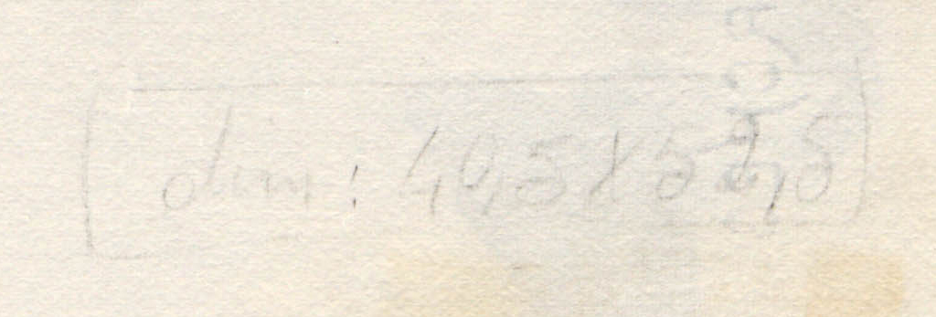 From top to bottom, a cream background with no distinct features leads to a narrow, horizontal band of very light gray marks near the center. Left to right, a thin rectangular outline encloses faint, partially legible letters and numbers, with a small looping mark toward the right end. The marks are small and low-contrast, occupying a short strip across the middle of the page.