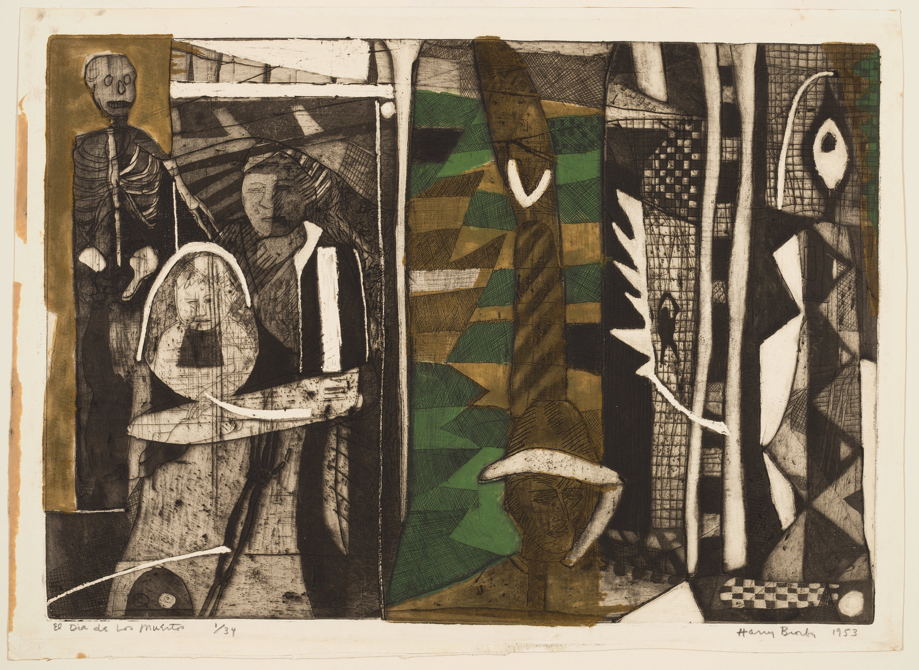 An abstract painting in black, brown, gray, and cream shows geometric designs and the suggestion of three figures, including a skeleton, at left.