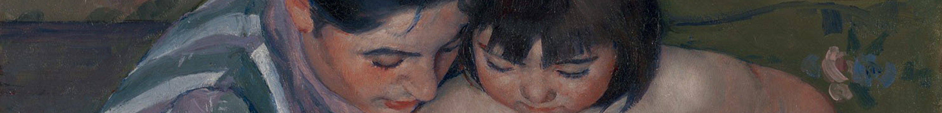 Detail image of woman in blue and white striped shirt and young girl looking down, 1910.2