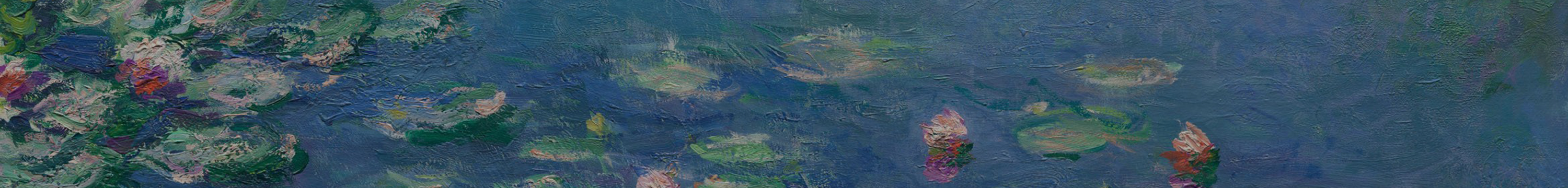 Detail image of green water lilies with pink flowers on blue water, 1933.1157