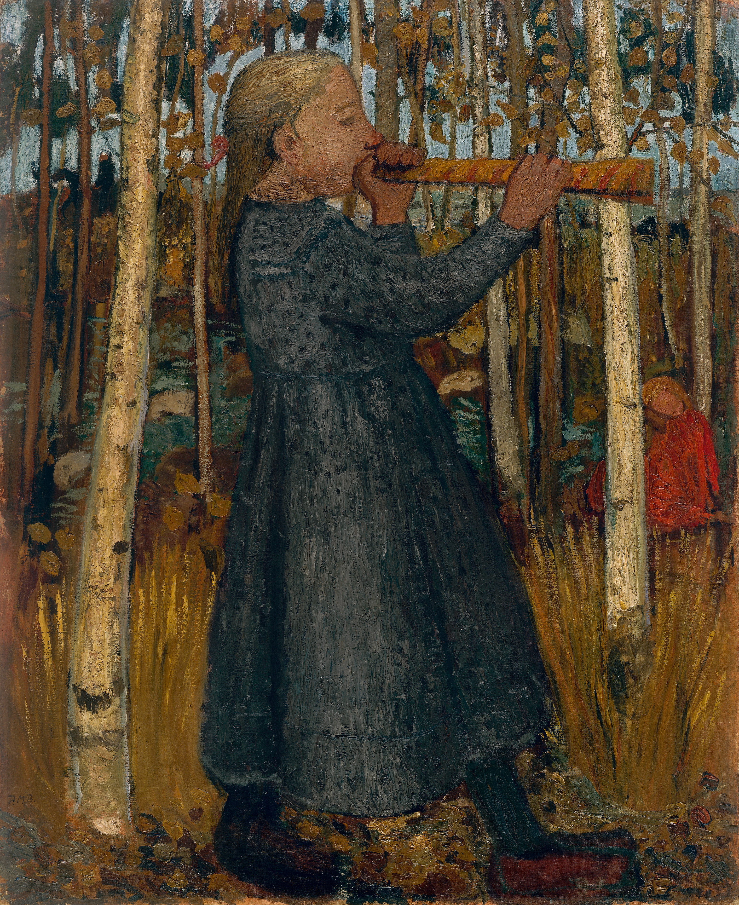 A partial view of an oil painting painted with thick impasto. A young blond girl blows on a long, thin horn, her eyes closed. Behind her is a forest of sparsely leaved birch trees in tones of mustard and sage.