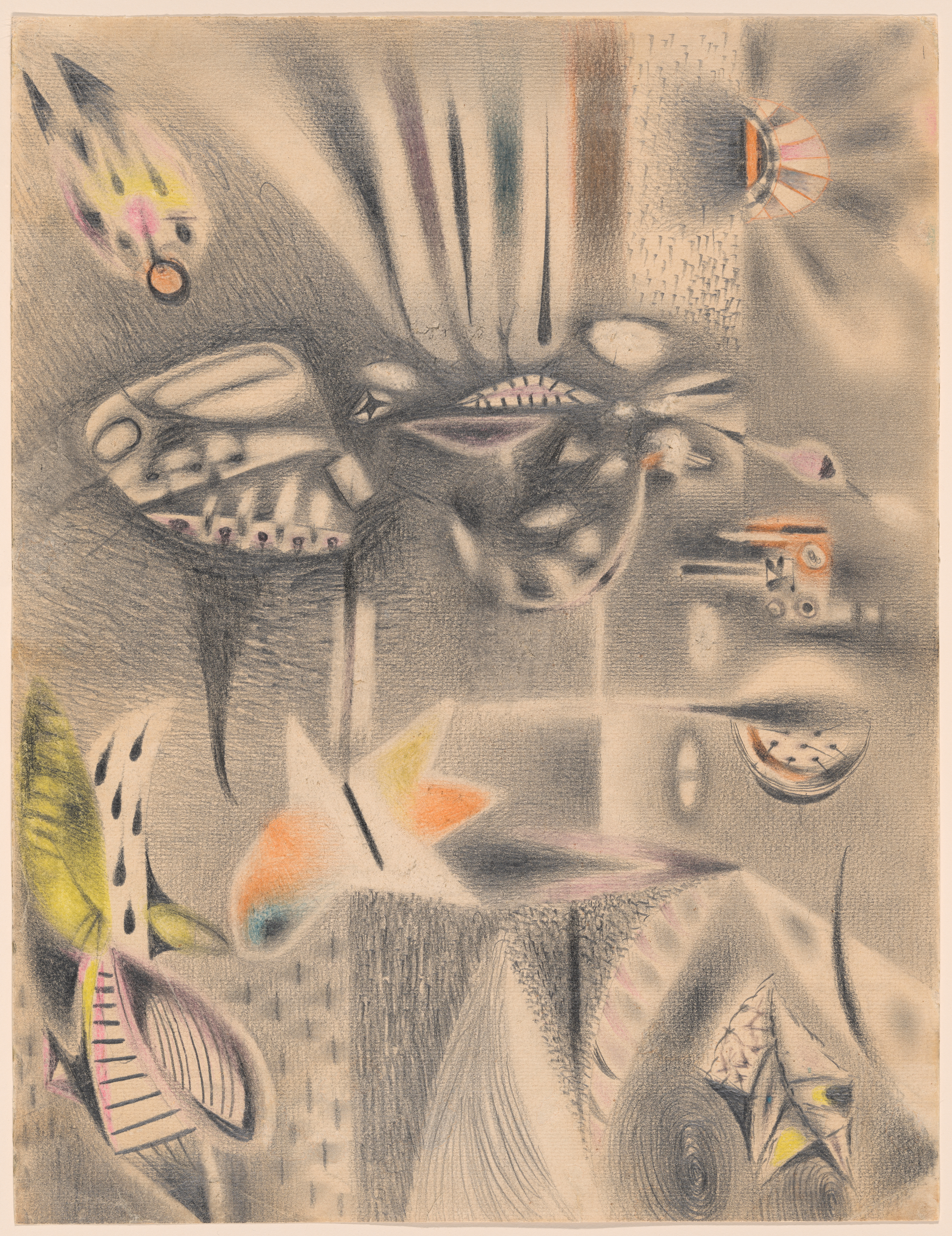 An abstract pencil drawing with soft gray shading and accents of yellow, pink, green, and orange; at top left a streaked oval with a ring, at left layered leaf forms, at center clustered ovals and an orange‑white star, at top right a radiating circle with smaller round forms below.