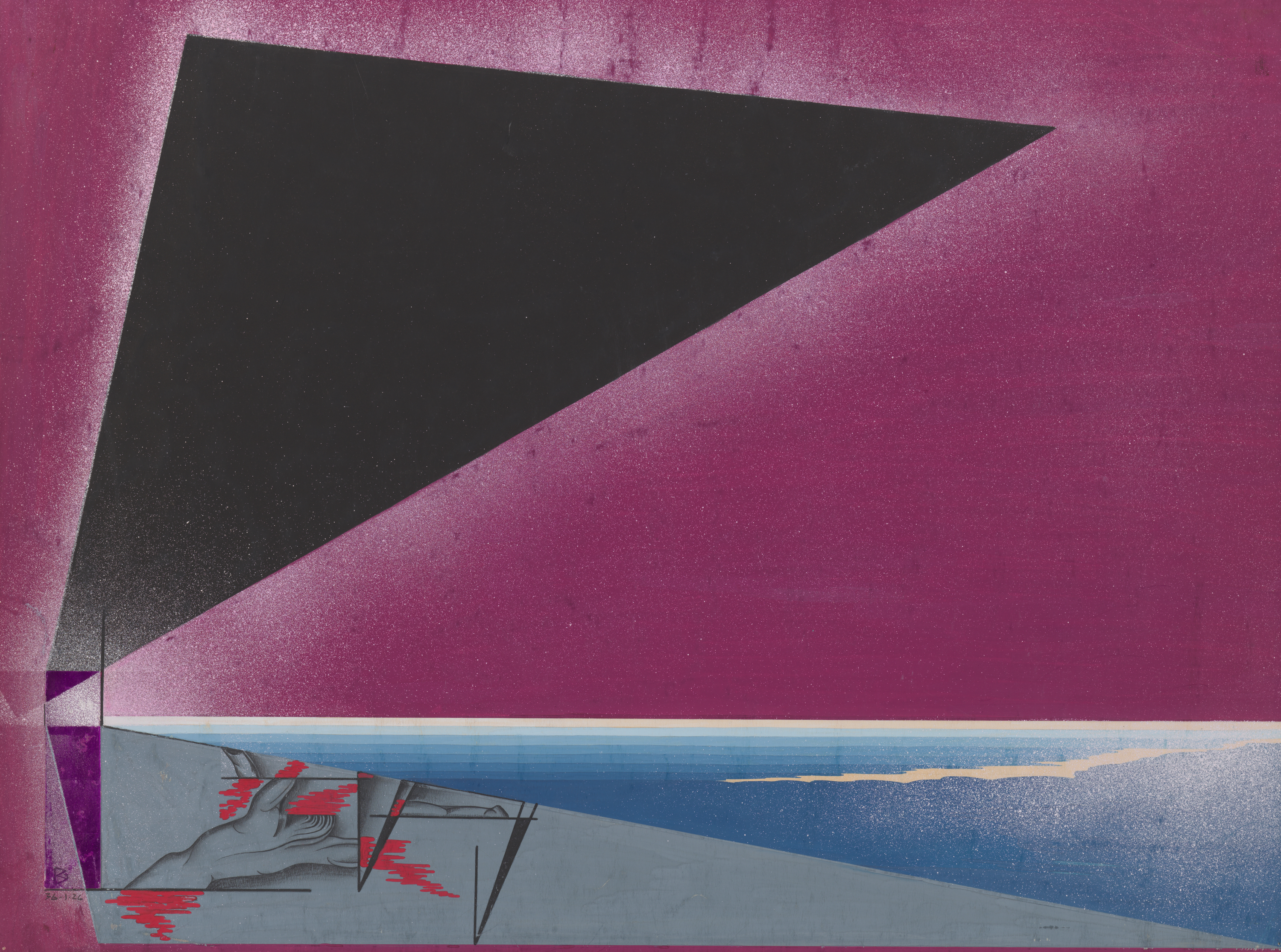 An abstract, horizontally oriented painting comprises a magenta background in the upper three-quarters with a large black triangle in the upper left. The lower quarter of the painting is composed of various greens with designs in darker green and red.