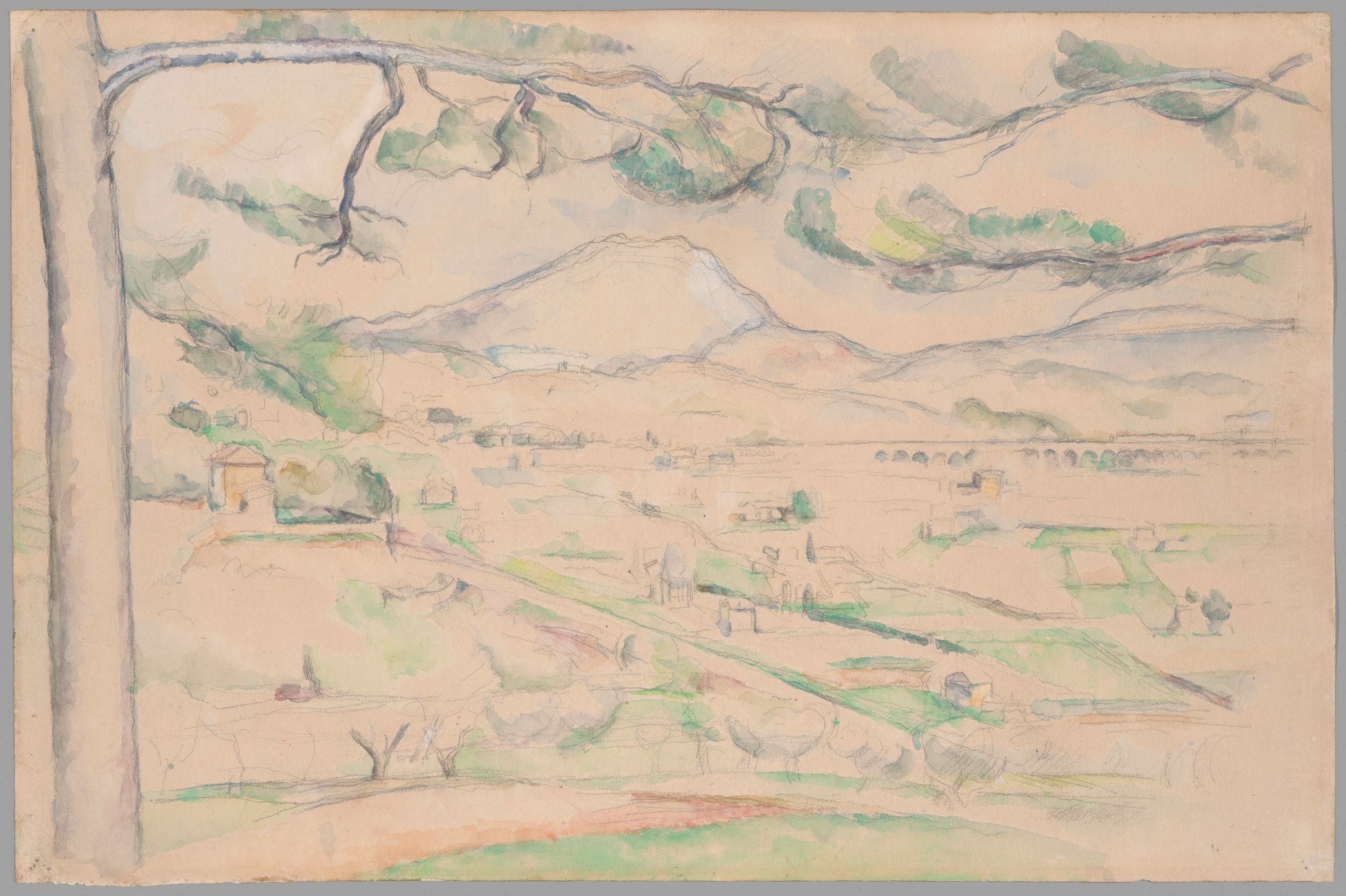 Top section shows dark brown branches with patches of green leaves stretching across, with a tall gray-brown tree trunk along the left edge. In the middle distance, a broad blue-gray mountain spans the center, with small tan buildings scattered below and a line of tiny arches to the right. The lower area contains light green and tan fields, a diagonal road running from center-left toward the lower right, clusters of small rounded trees, and a few small rectangular structures.