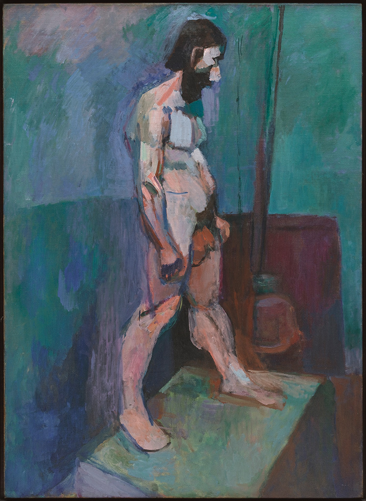 Across the upper and left areas, teal and blue-green walls meet, with a vertical dark line near the right. In the center, an unclothed adult stands facing right, with short black hair and light skin tones in pinks, creams, and purples; the figure is large and fills most of the middle. At the right middle, a brown object hangs from the dark line above a maroon rectangular section. Toward the bottom, a green platform extends forward, and the person stands on it with feet apart near the front edge.