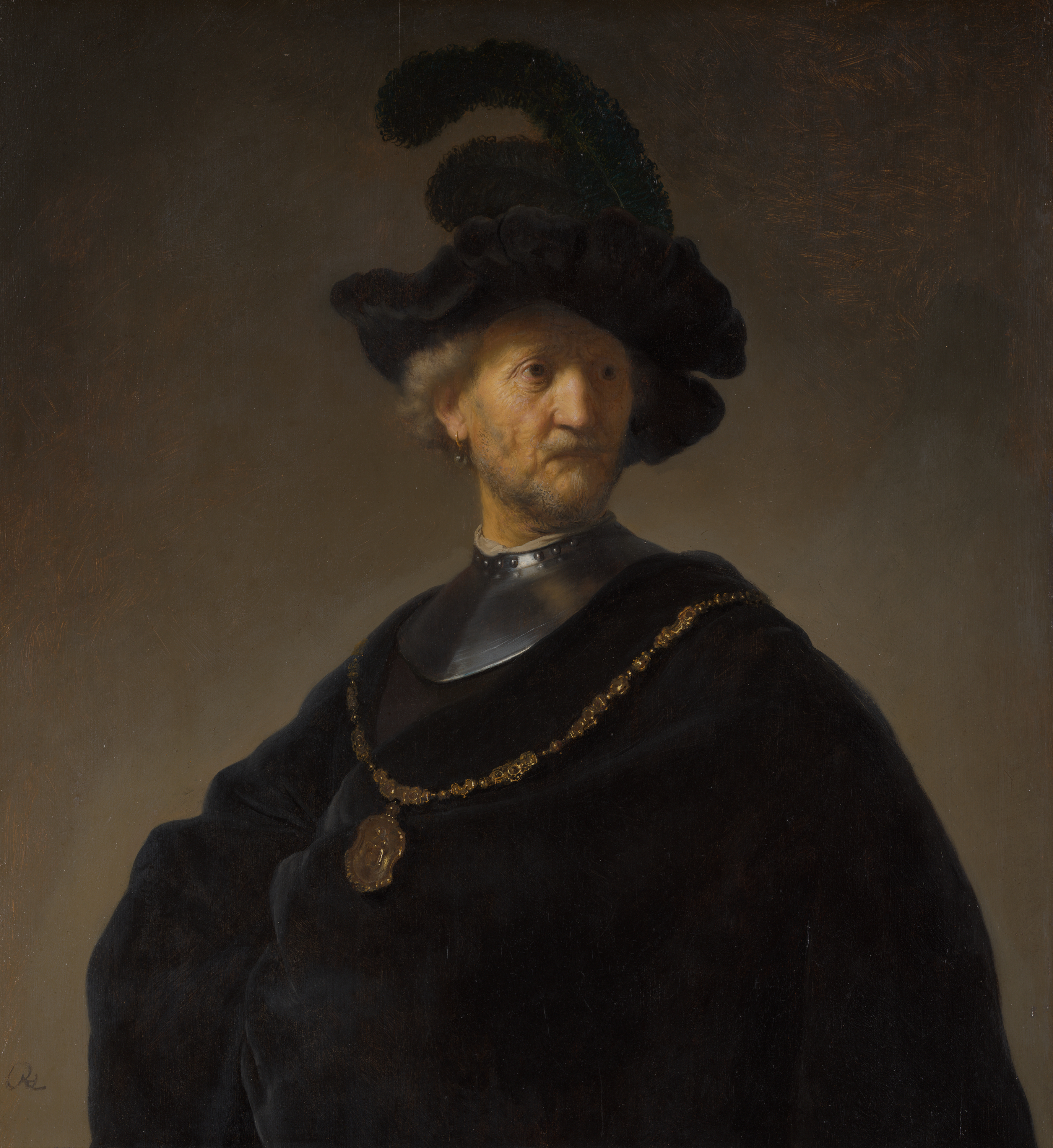 A painting of a light-skinned older man with blond hair, beard, and mustache wearing a deep-black cape and feathered hat, silver gorget, and wide gold necklace with a large pendant. He is seen from the waist up in three-quarter view, his head turned over his left shoulder.