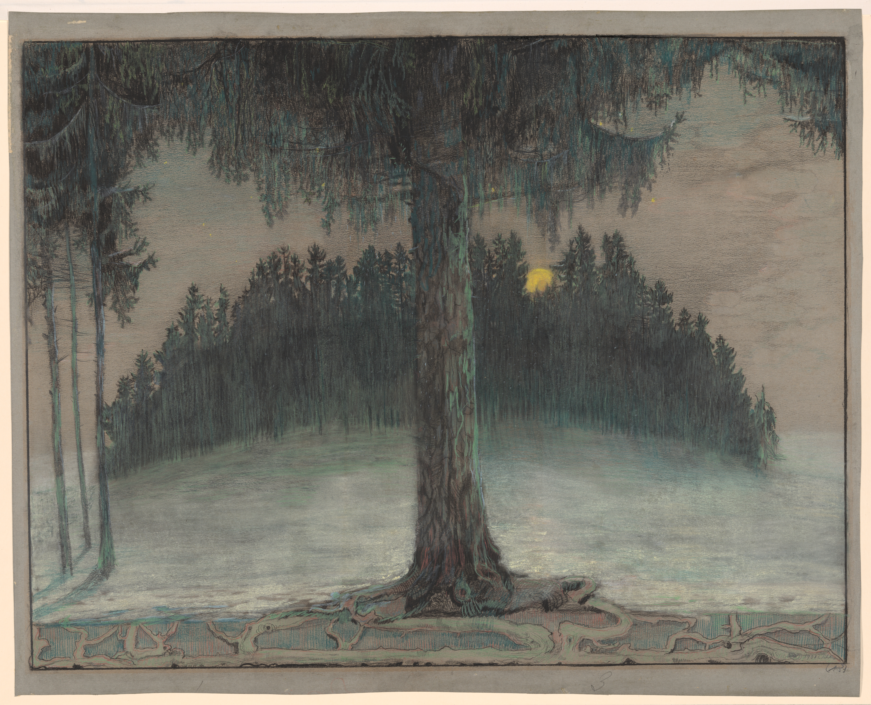 In the center of a pastel drawing is a the trunk of a large tree with just its bottom leaves howling and its roots visible below the ground. In the background, beyond a layer of mist, is a hill covered by a large group of trees and a full moon peeking out behind them.
