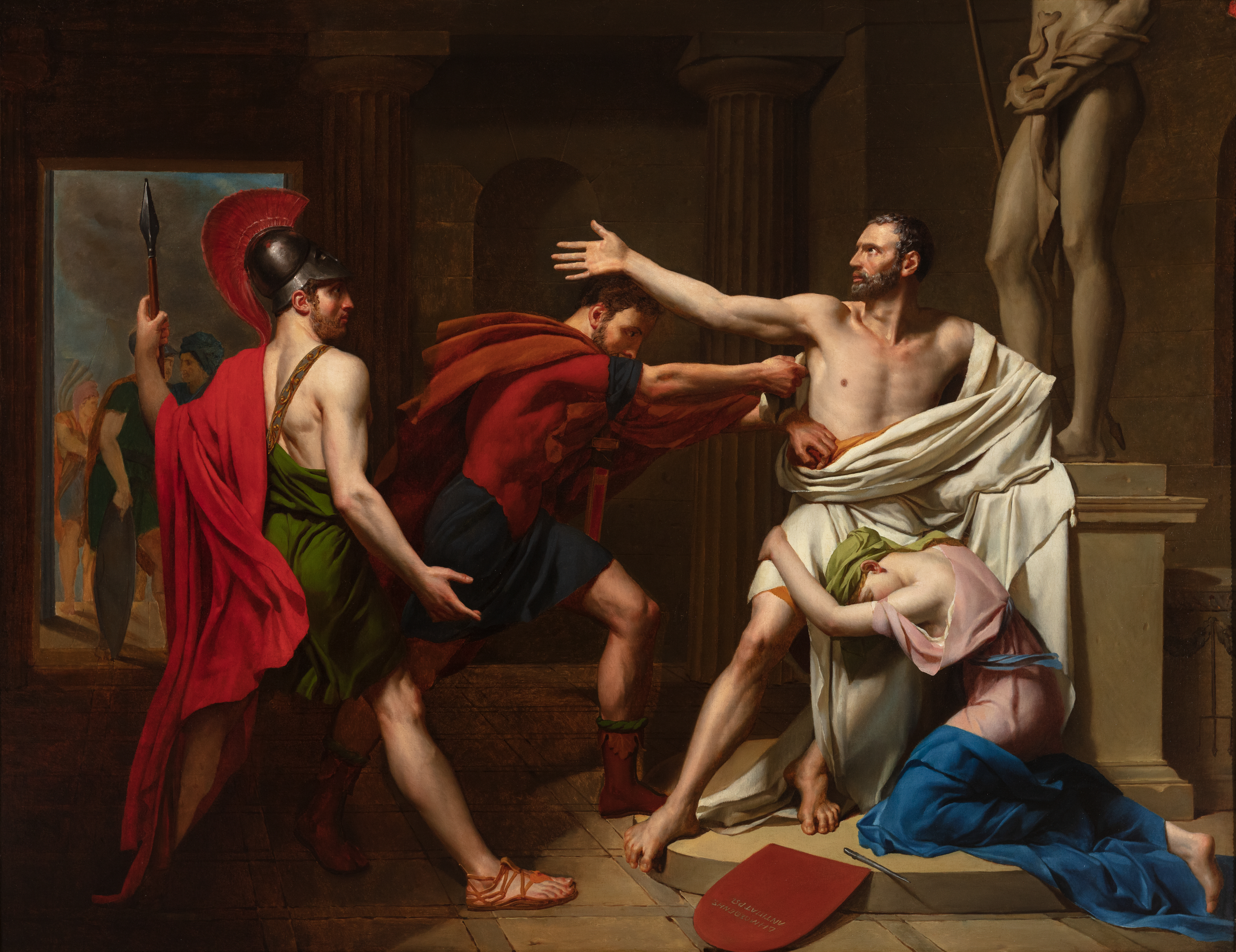 A dramatically lit, finely detailed painting shows a man wrapped in a white cloth, his arm outstretched, while a man in a red cape lunges at him, grasping the former's cloth garment. A young woman kneels at the feet of the man in white, holding tight to his lower body. Beside them and quite nearby, a man in a helmet with bayonet looks on.