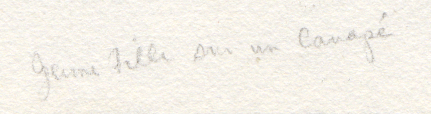 Across the middle, faint light gray handwriting runs left to right, reading “Jeune Fille sur un Canapé.” The background is off-white with subtle texture, and there are wide empty margins above and below the line of text. The writing is small and thin, centered horizontally with no other elements present.