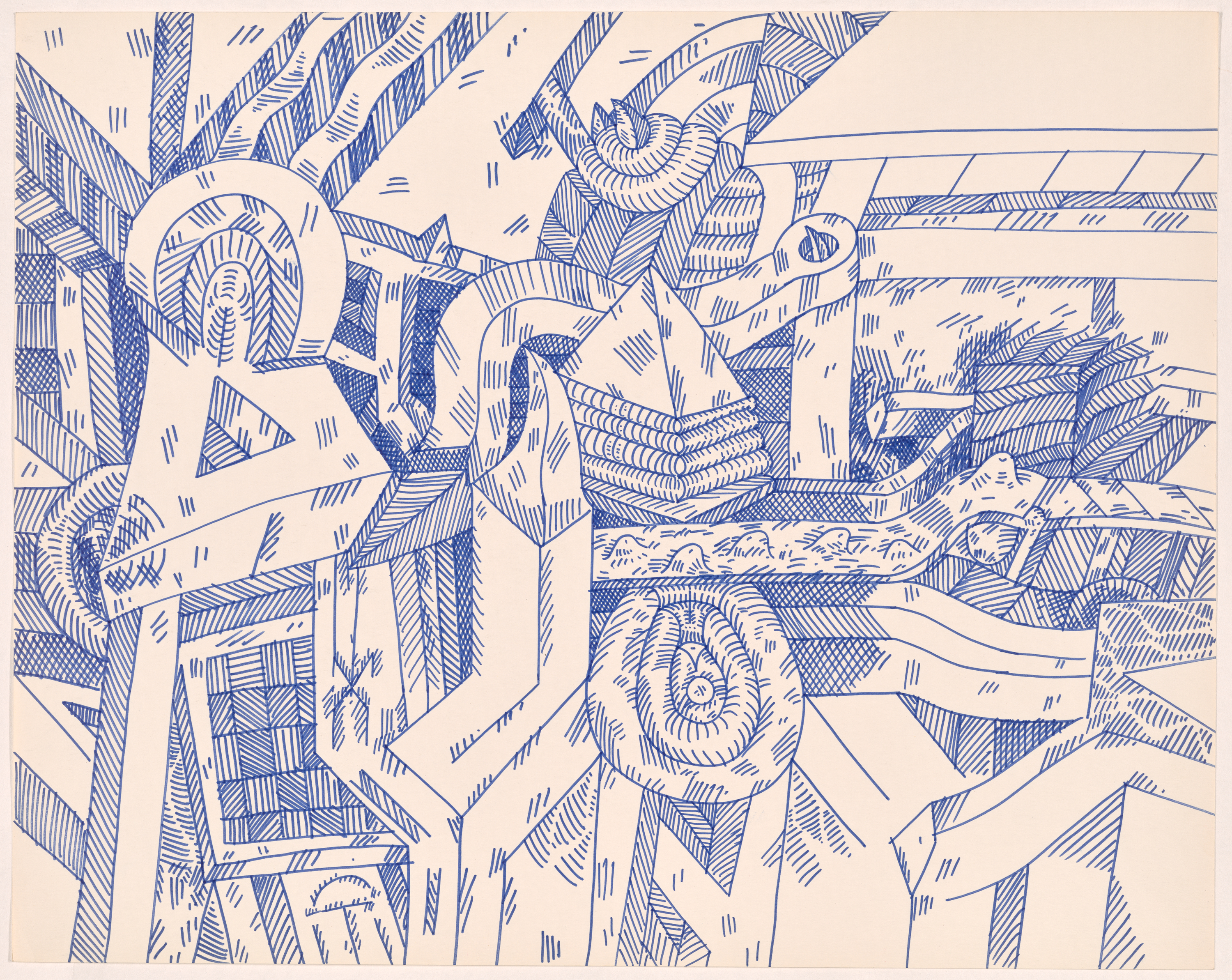 A drawing in blue ink on cream paper consists of abstract three-dimensional shapes suggestive of a city full of buildings, streets, elevated roads, sidewalk, and rivers.