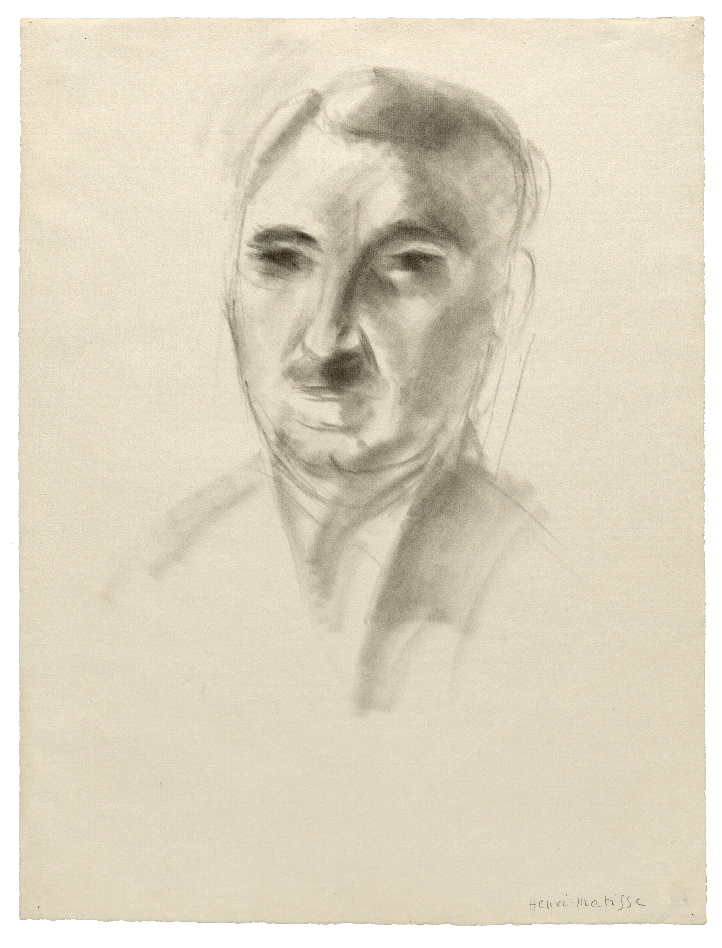 Top center shows the rounded outline of a head in gray on an off-white background. Below, a neck connects to a V-shaped neckline and broad shoulders that slope to the left, with light to medium gray shading around the chest and left shoulder. The surrounding space is empty, and small gray text reading “Henri Matisse” appears in the lower right corner.