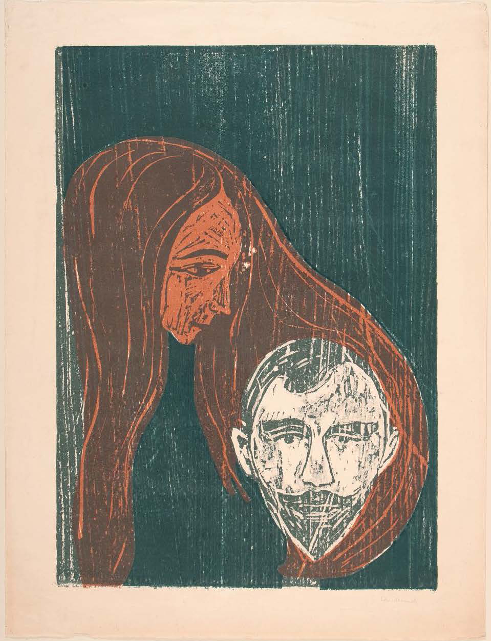 A two-tone print shows the head of a bearded man looking toward the viewer, rendered in the same dark green as the background. Slightly above and to the left is a woman's head in profile, rendered in orange. Her long hair encircles the man's head.