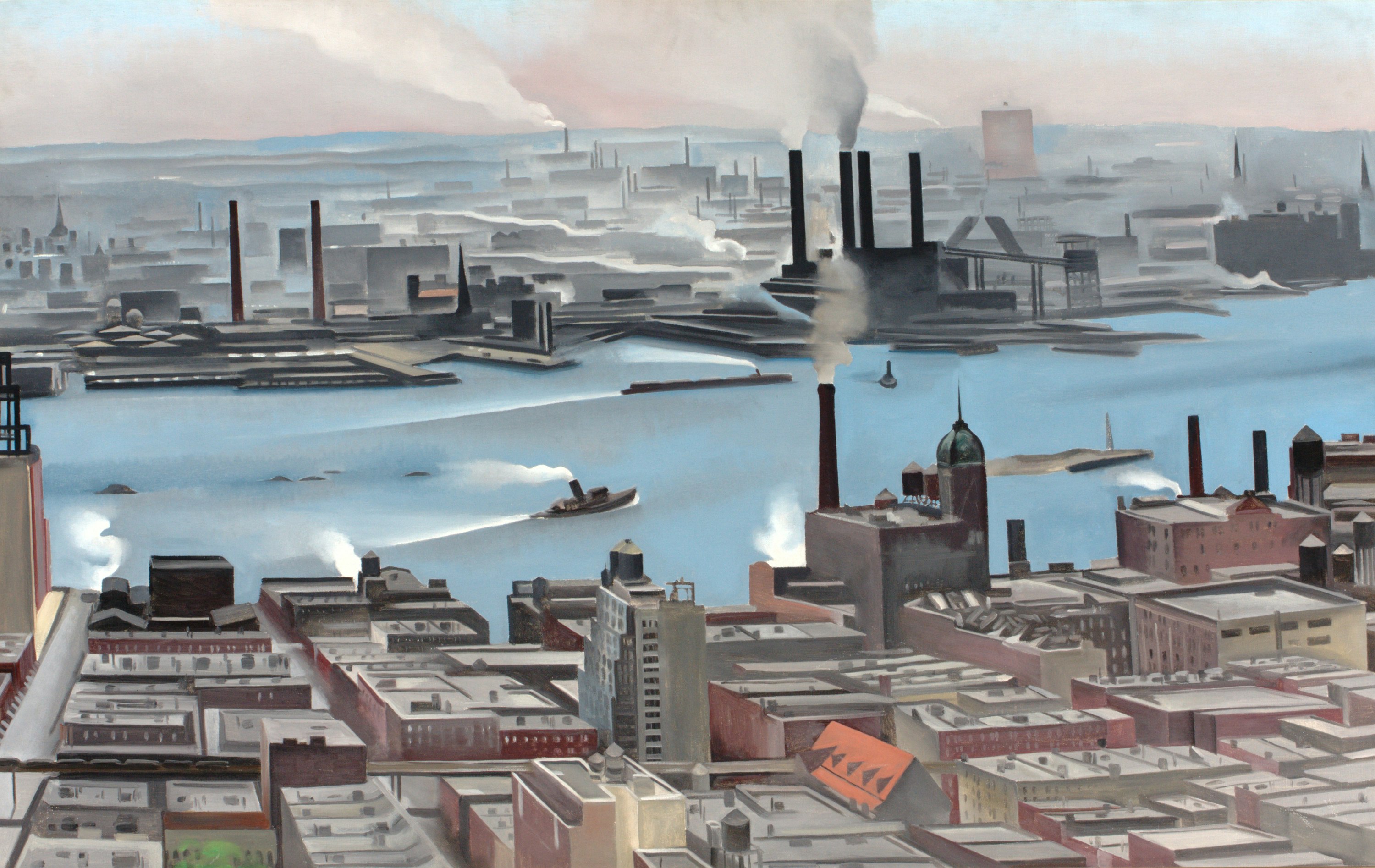 Painting featuring a dense city view bisected by a bright blue river with a tugboat headed right. Factory smokestacks and industrial structures define the far bank. The near back features a mass of close-together structures in different styles and heights. A smoky haze permeates the view, softening the sharp diagonals and corners of the cityscape.