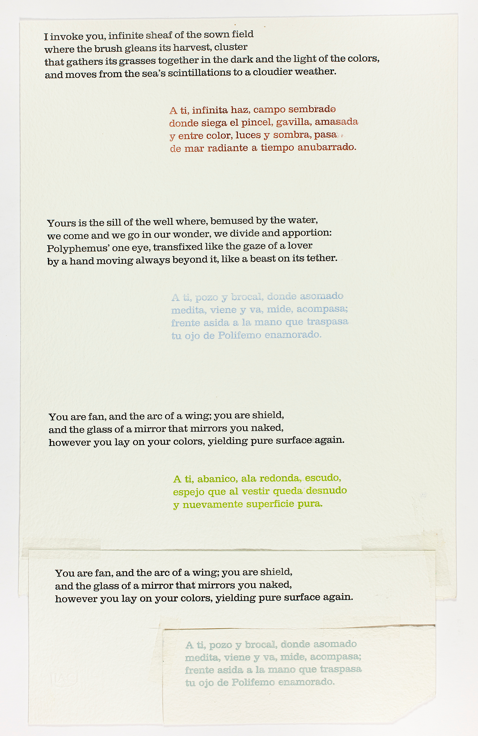 A sheet of white paper with cascading stanzas of a poem in English (black type) and Spanish (brown, light blue, and yellow-green type) and two separate pieces of paper that have been taped to the bottom featuring stanzas in English (black type) and Spanish (light blue-green type).