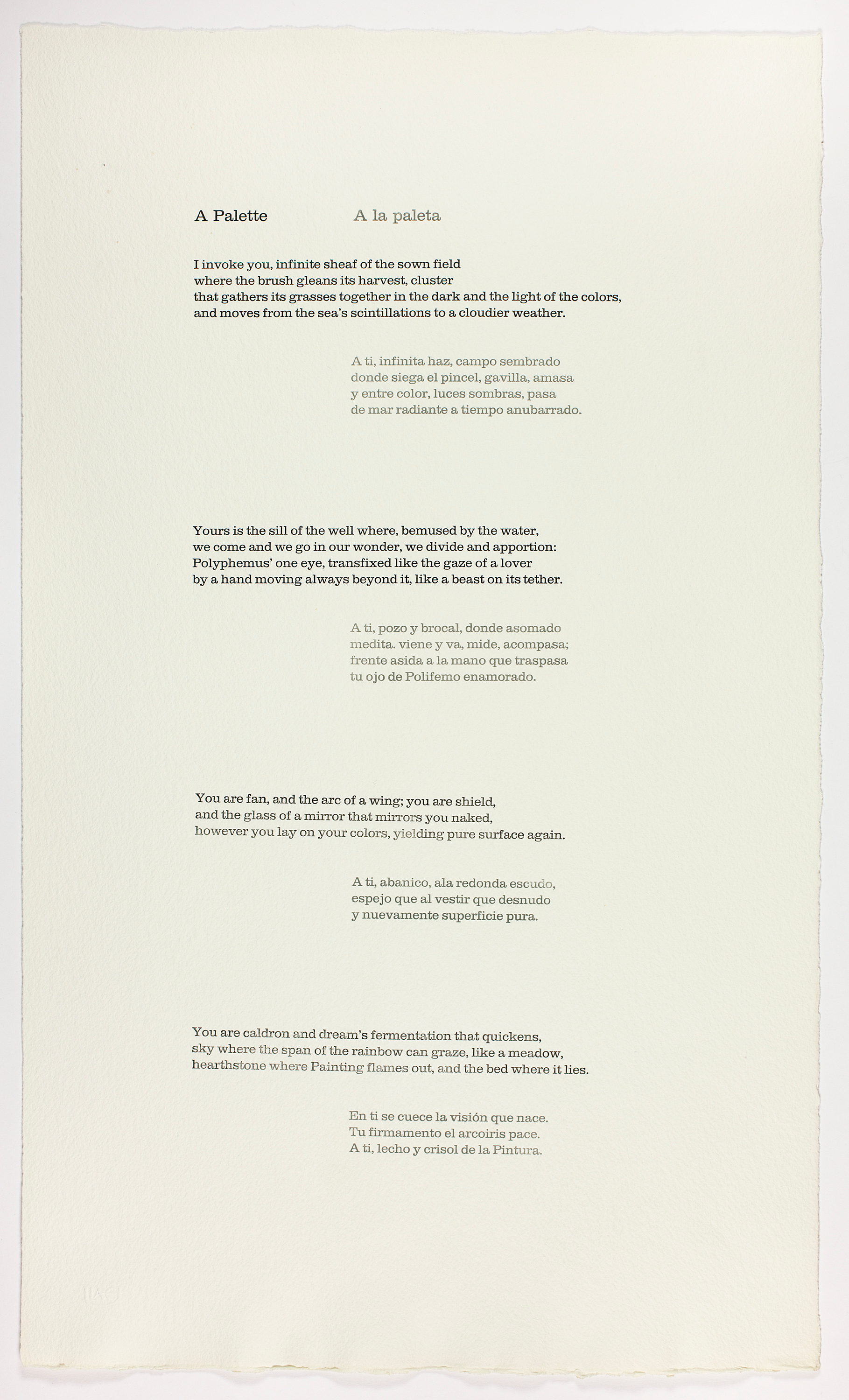 A sheet of white paper with cascading stanzas of a poem in English (black type) and Spanish (gray type).