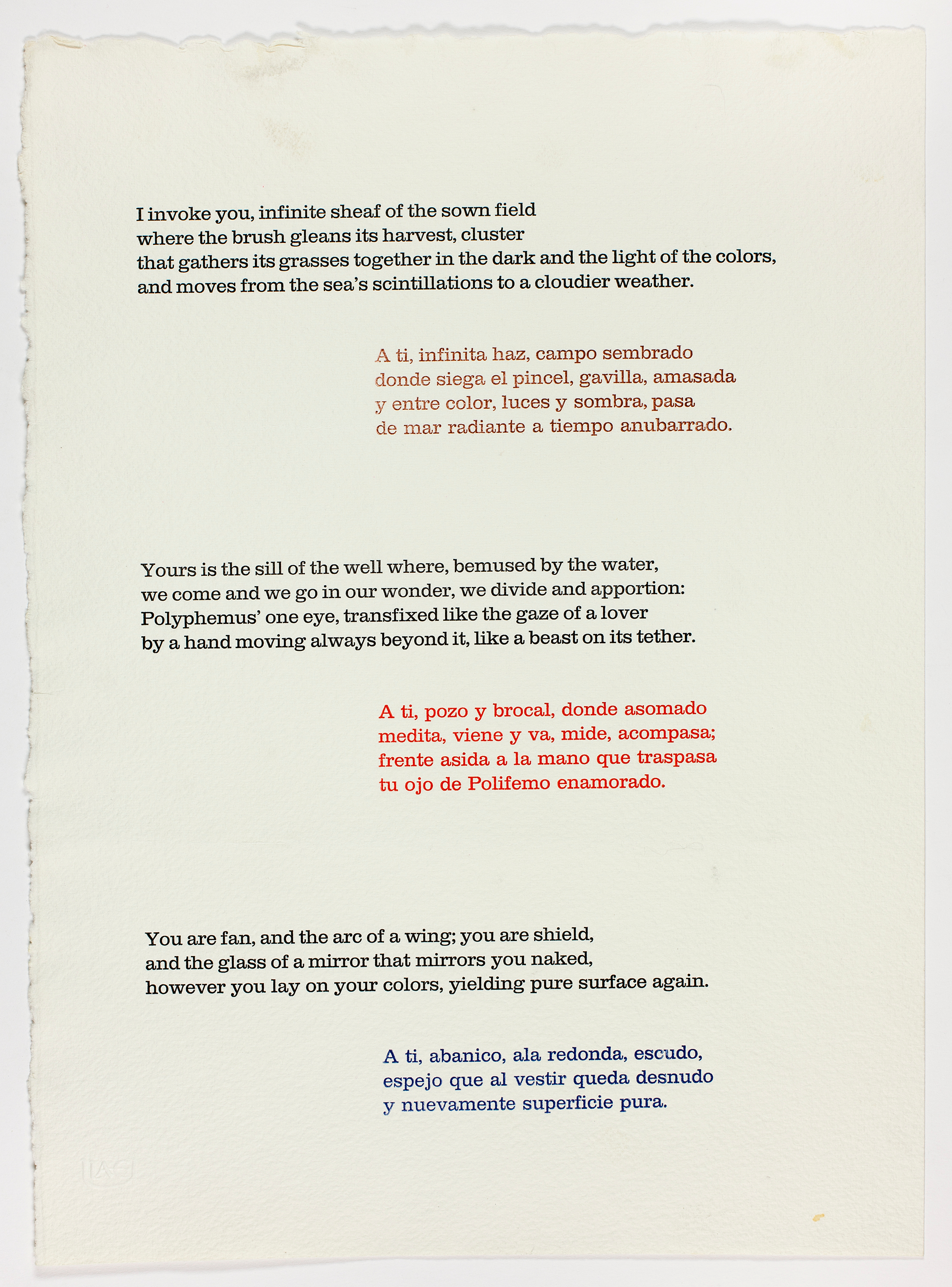 A sheet of white paper with cascading stanzas of text in English (black type) and Spanish (brown, red, and blue type).