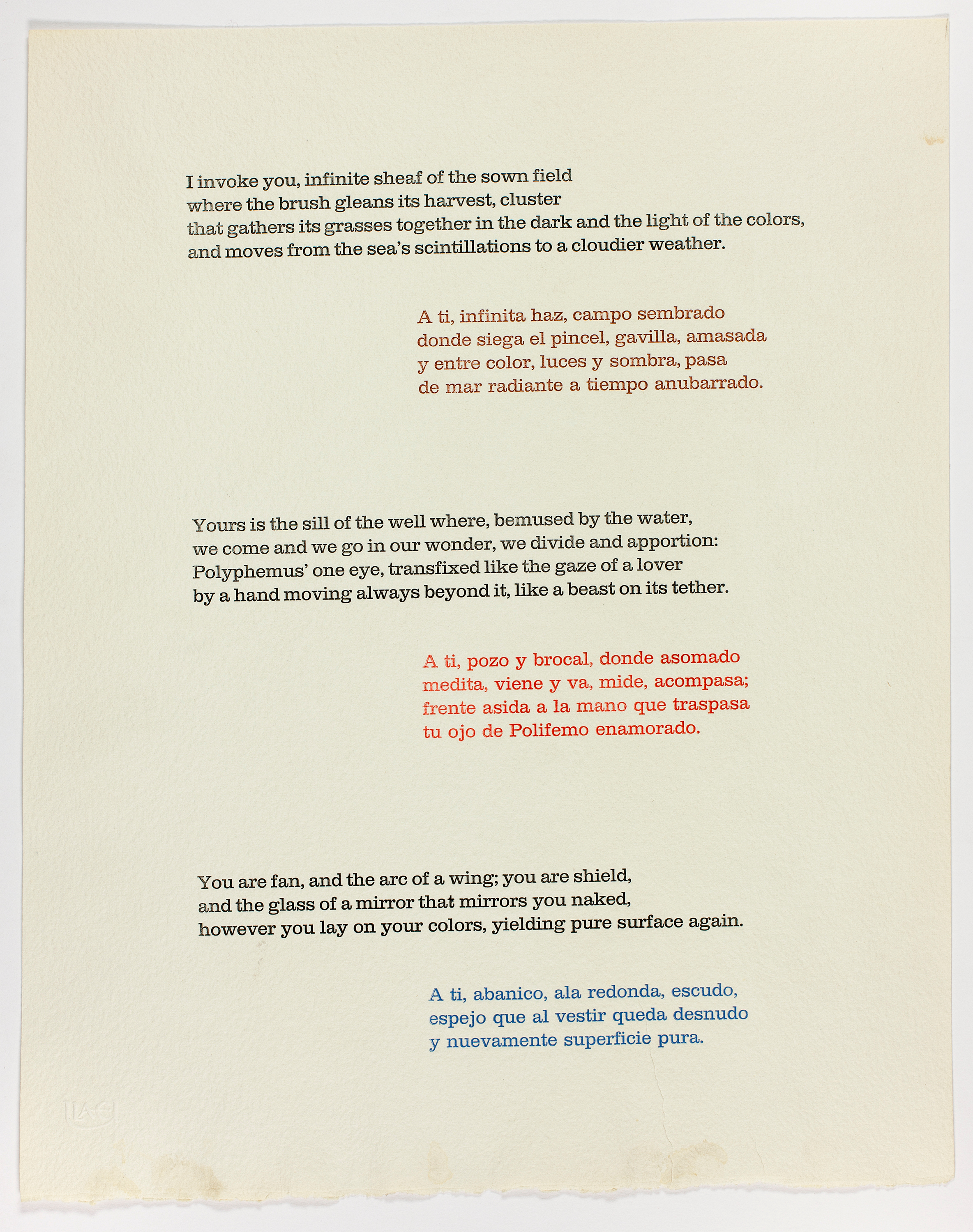 A sheet of white paper with cascading stanzas of a poem in English (black type) and Spanish (brown, red, and blue type).