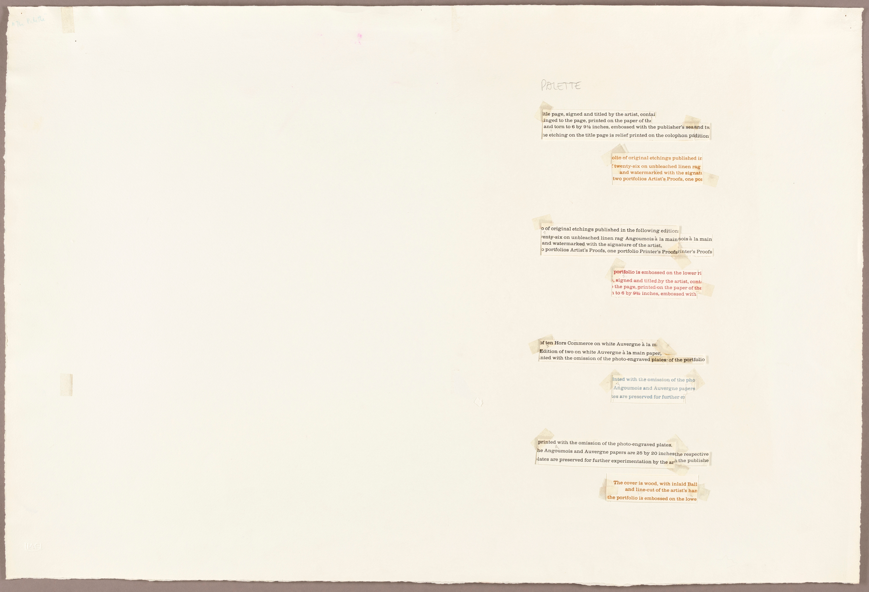 A sheet of white paper with printed type in different colors and pencil annotations.