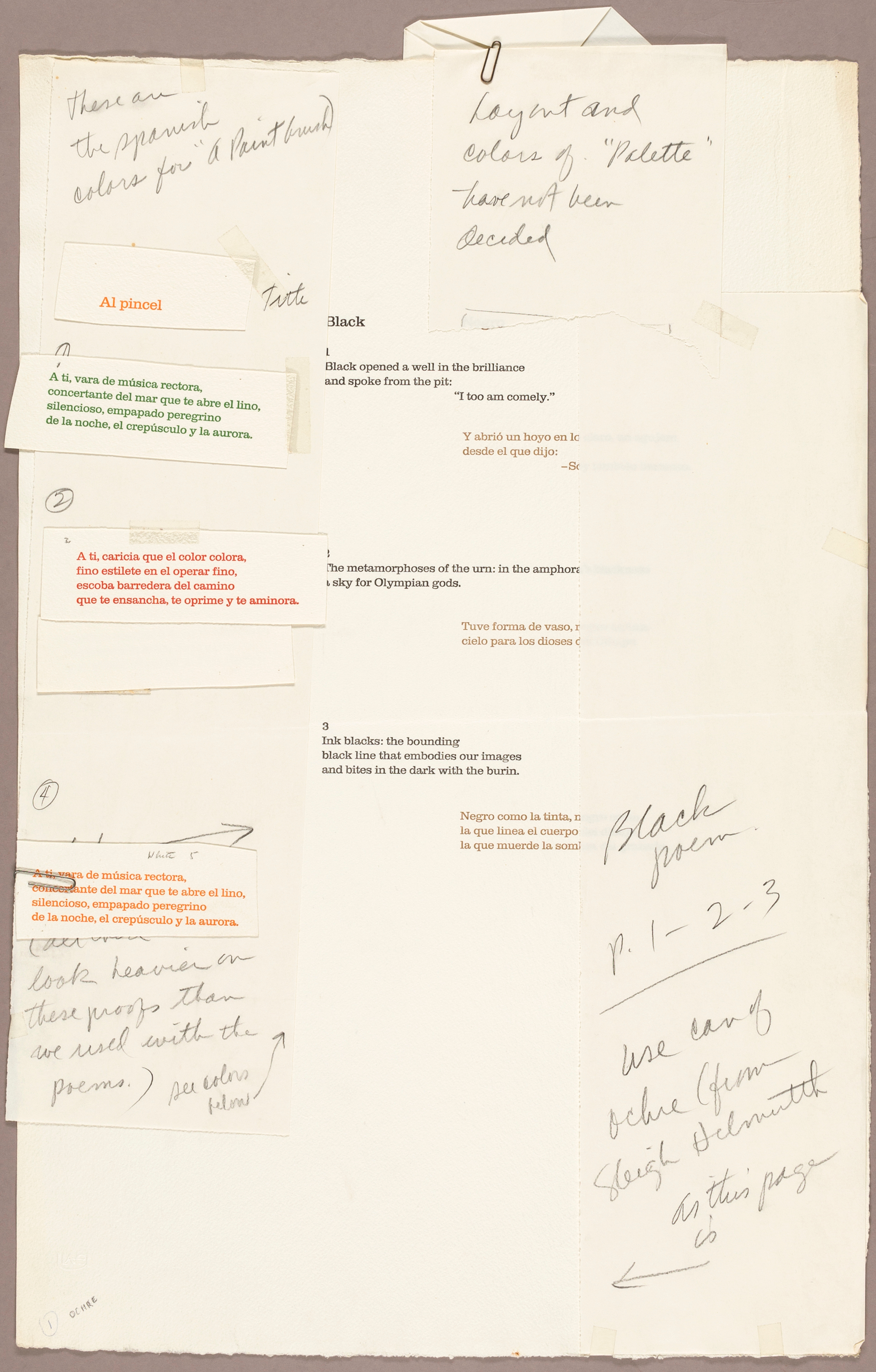 A sheet of white paper with printed text and pencil annotations and cut-and-pasted stanzas of printed type in different colors.