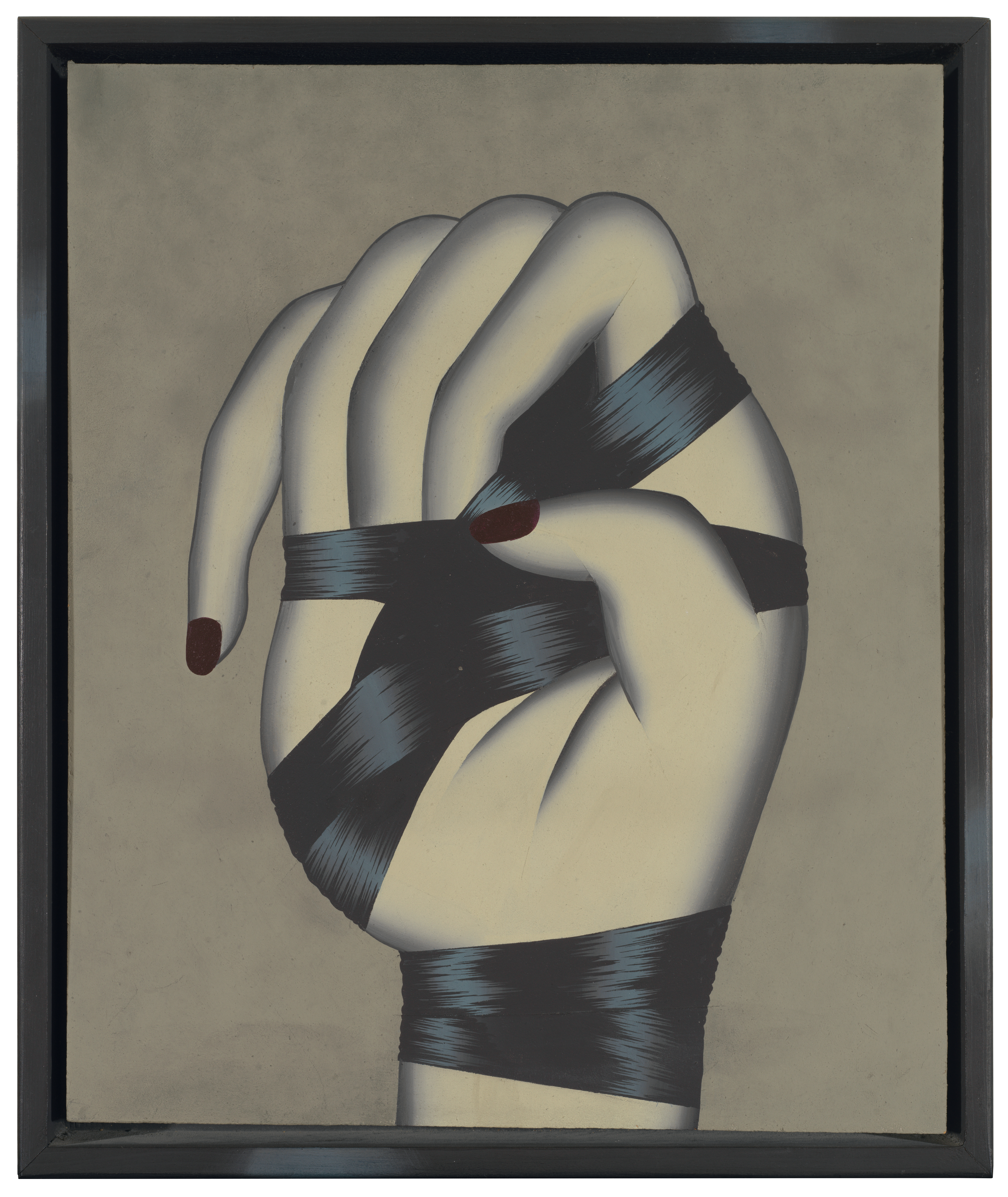 A light-skinned curled hand plays with the black ribbon criss-cross binding fingers to palm.