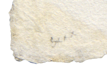 Top-left area shows an off-white textured surface with an irregular edge along the left and bottom sides. Near the lower center, there are small, faint gray marks in a short cluster, tiny compared to the surface. The surrounding background is plain white, and no other objects or people are present.